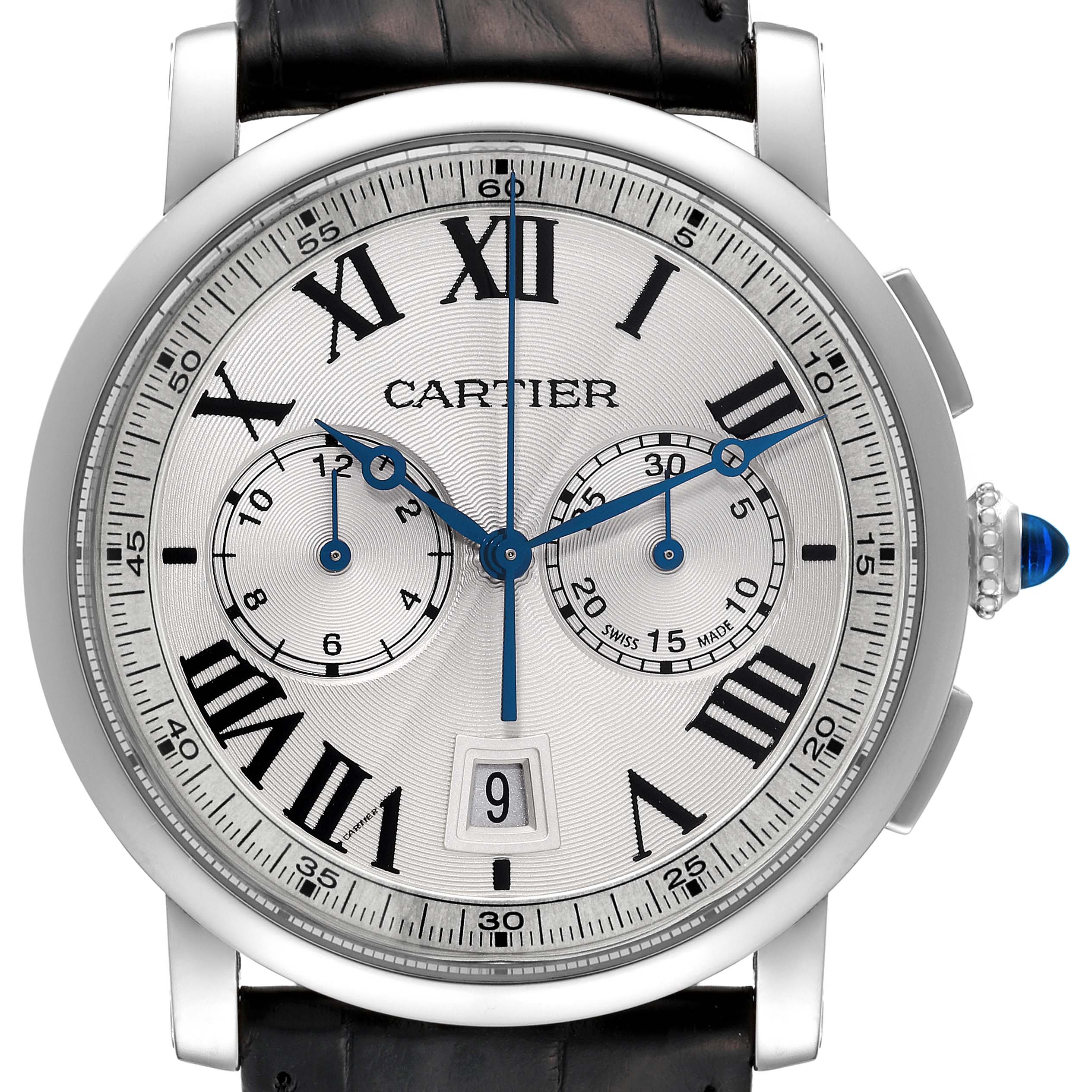 This image of a Cartier Rotonde WSRO0002 Men
s Stainless Steel Silver Dial WSRO0002 Men
s Stainless Steel Silver Dial watch shows the face, crown, and leather strap from a front angle.