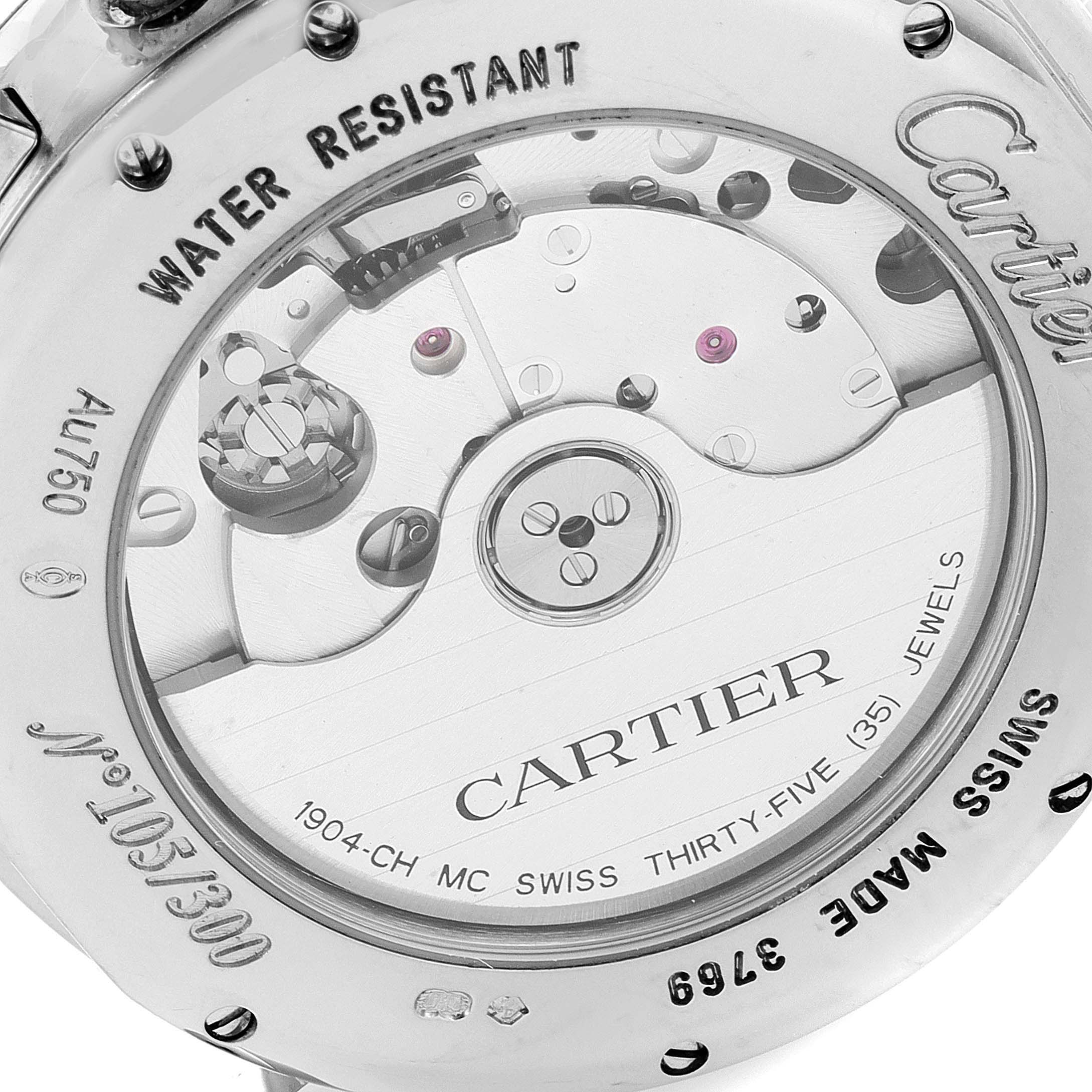 The image shows the back of the Rotonde model by Cartier, highlighting its mechanical movement and "water resistant" marking.