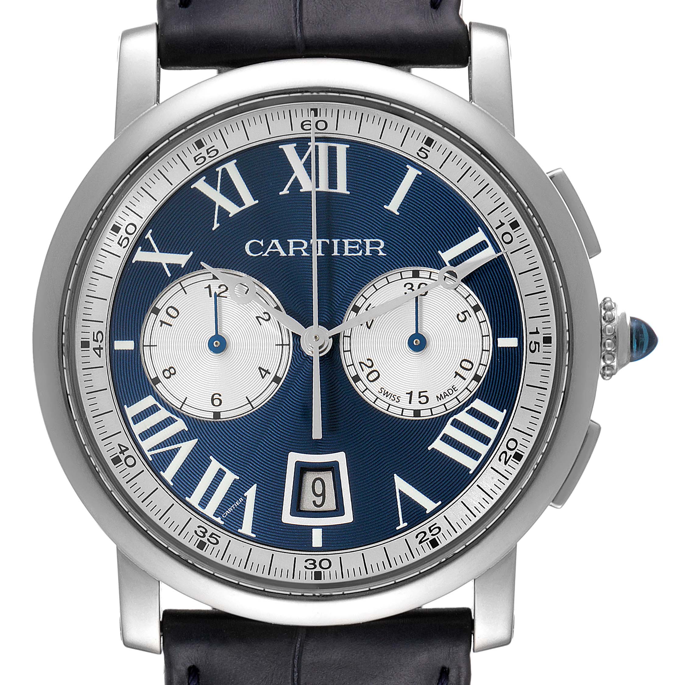 The image shows a front view of the Rotonde model by Cartier, highlighting its blue dial, Roman numerals, and chronograph sub-dials.