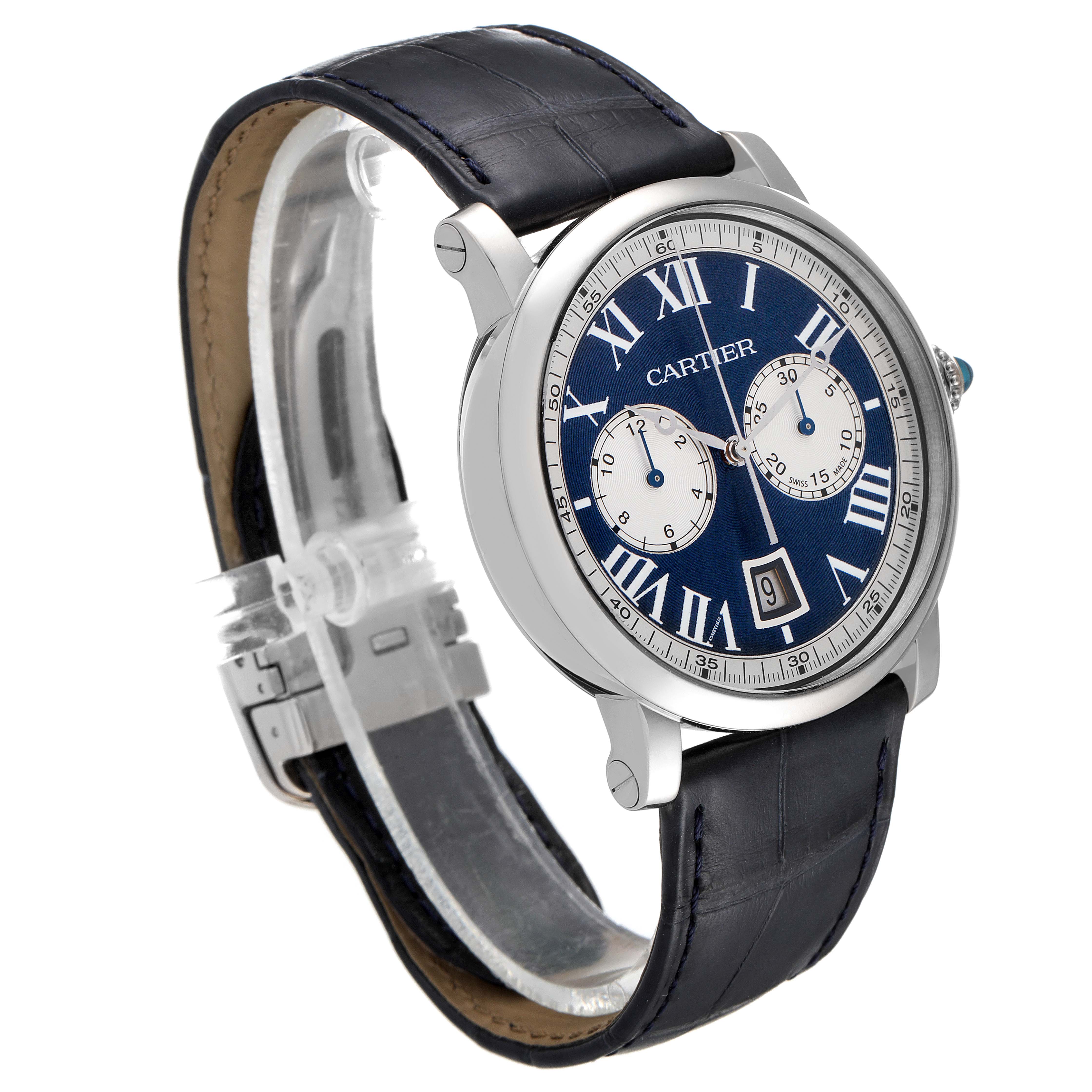 This image shows a Cartier Rotonde W1556239 Men's White Gold Blue Dial W1556239 Men's White Gold Blue Dial watch with a blue dial, Roman numerals, and a black leather strap, viewed at a slight angle.