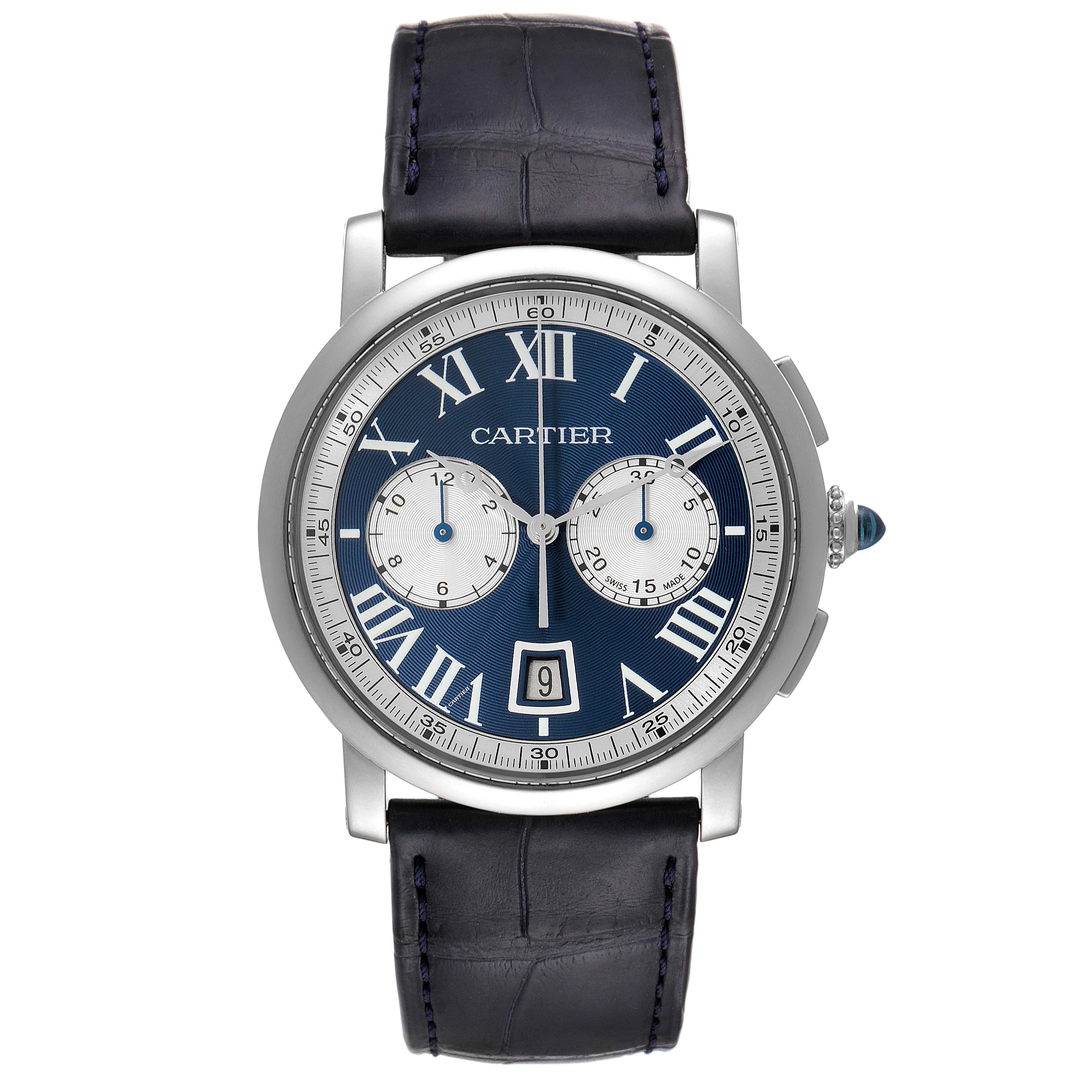 A front view of the Cartier Rotonde W1556239 Men's White Gold Blue Dial W1556239 Men's White Gold Blue Dial model watch, showing the dial, case, and leather strap.