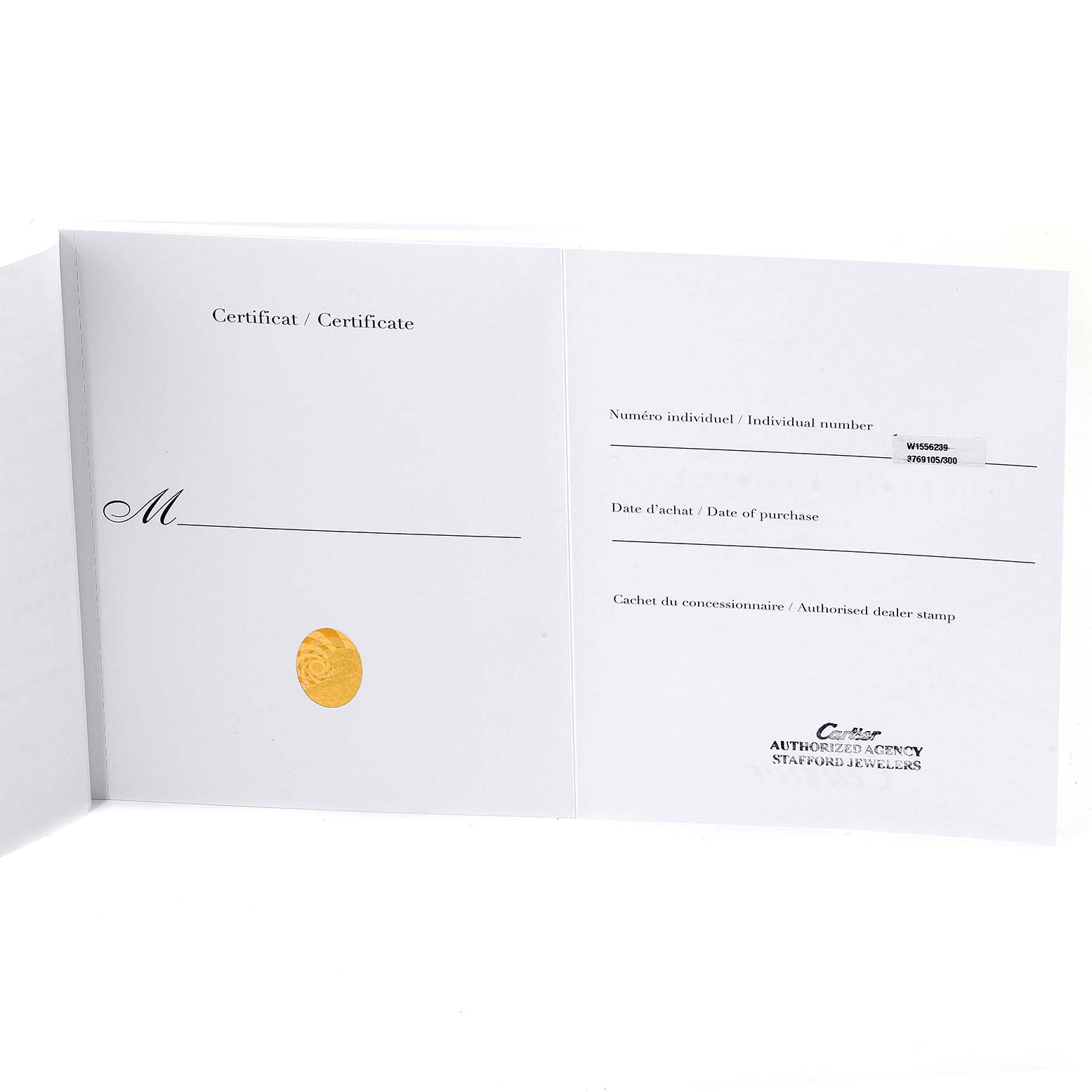 This image shows the warranty and certification booklet for the Cartier Rotonde W1556239 Men's White Gold Blue Dial W1556239 Men's White Gold Blue Dial watch model.