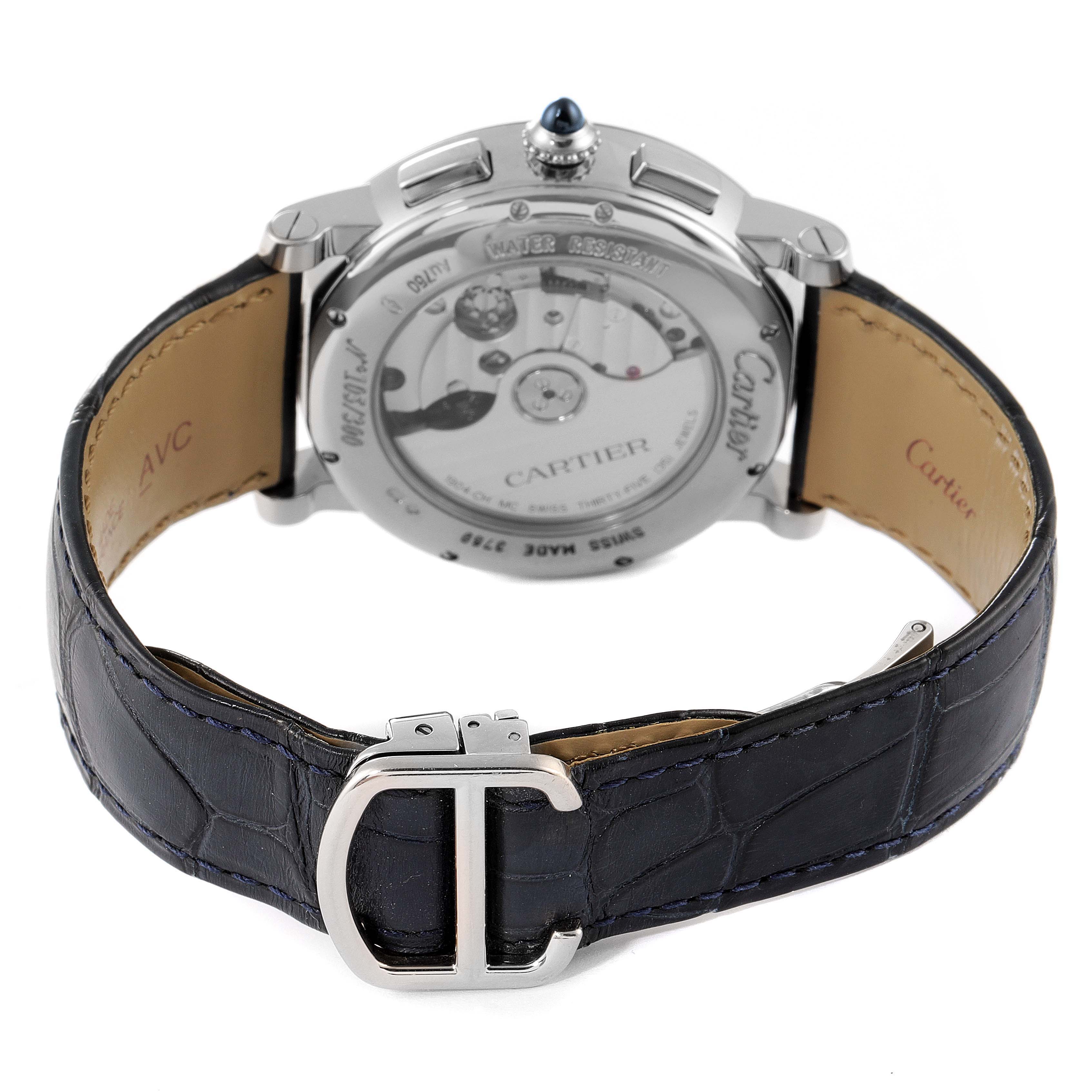 The image shows the back view of a Cartier Rotonde W1556239 Men's White Gold Blue Dial W1556239 Men's White Gold Blue Dial watch, featuring its mechanical movement and leather strap with the buckle.