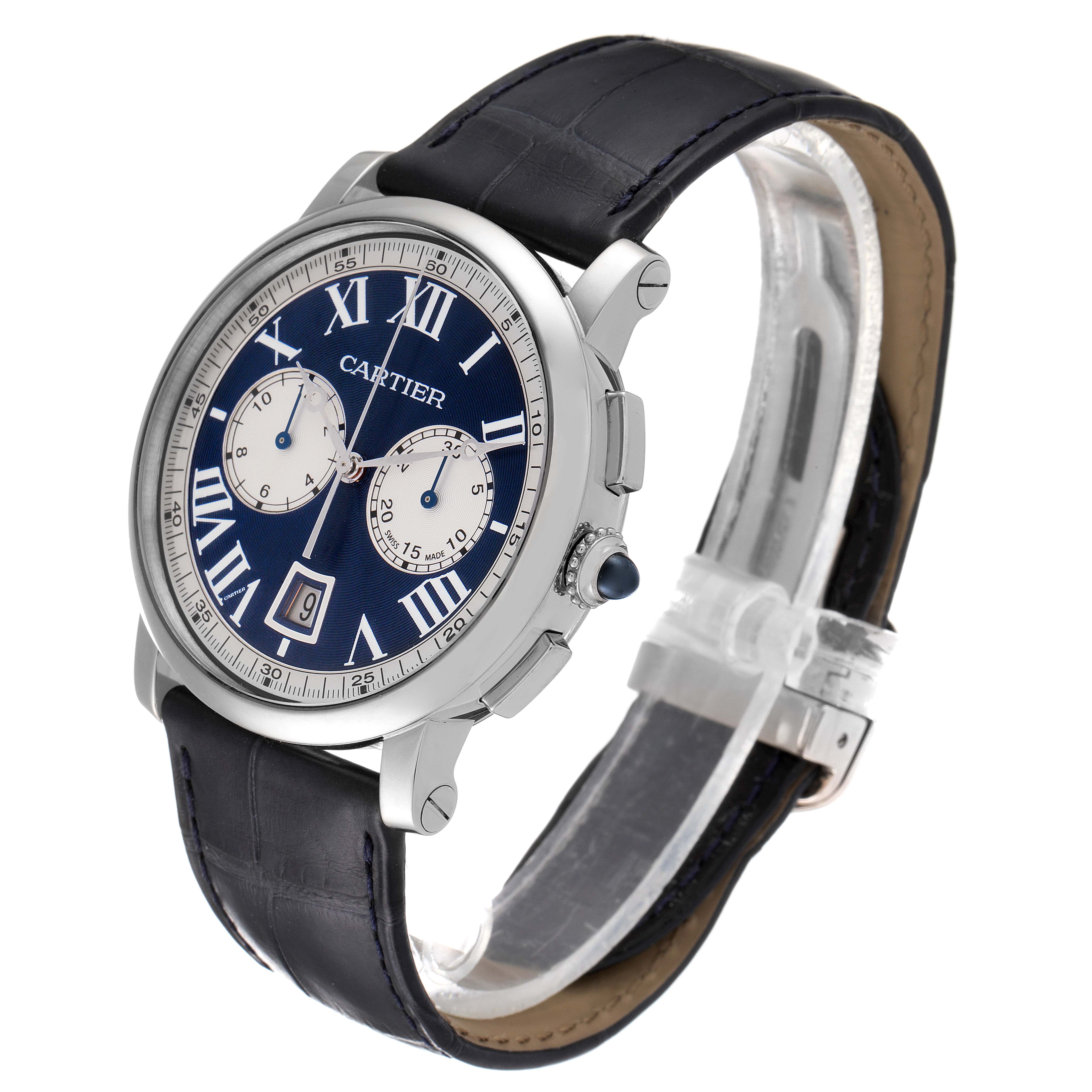 The image shows a Cartier Rotonde W1556239 Men's White Gold Blue Dial W1556239 Men's White Gold Blue Dial watch at a three-quarter angle, highlighting its face, crown, and black leather strap.