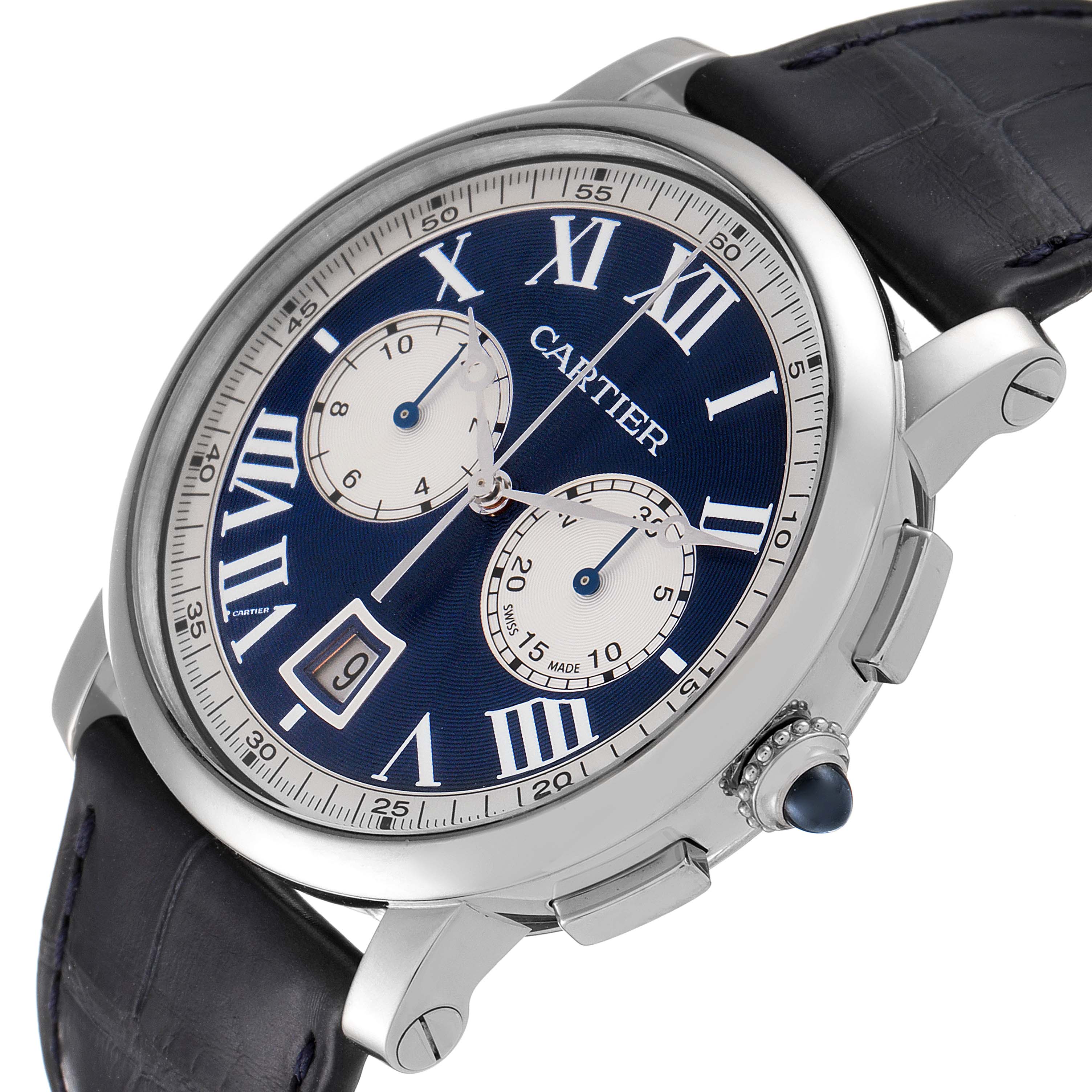 The image shows a close-up, angled view of the Rotonde de Cartier watch, highlighting its blue dial, Roman numerals, and subdials.
