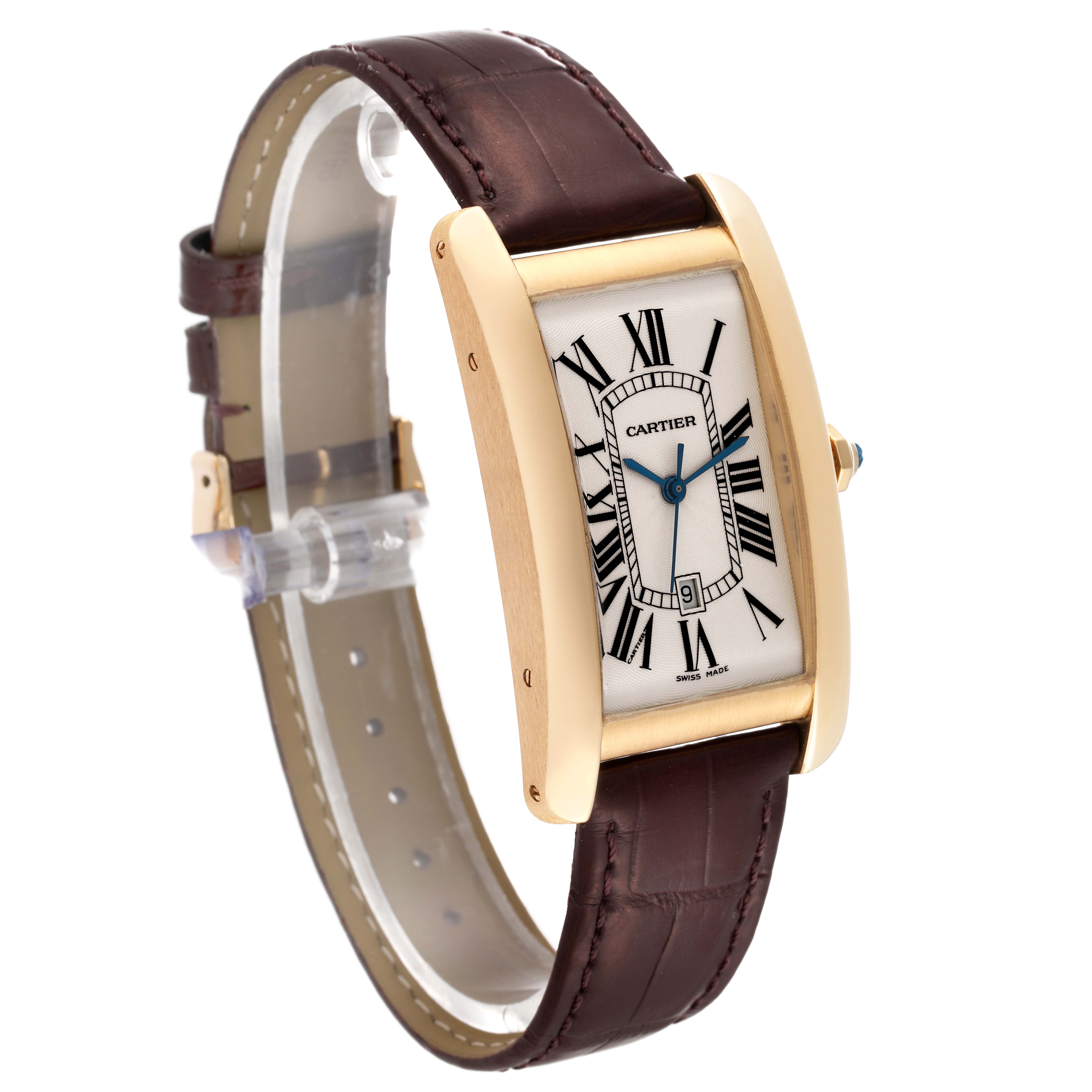 The image shows a side angle of the Tank Americaine model by Cartier, highlighting the face, Roman numerals, and leather strap.