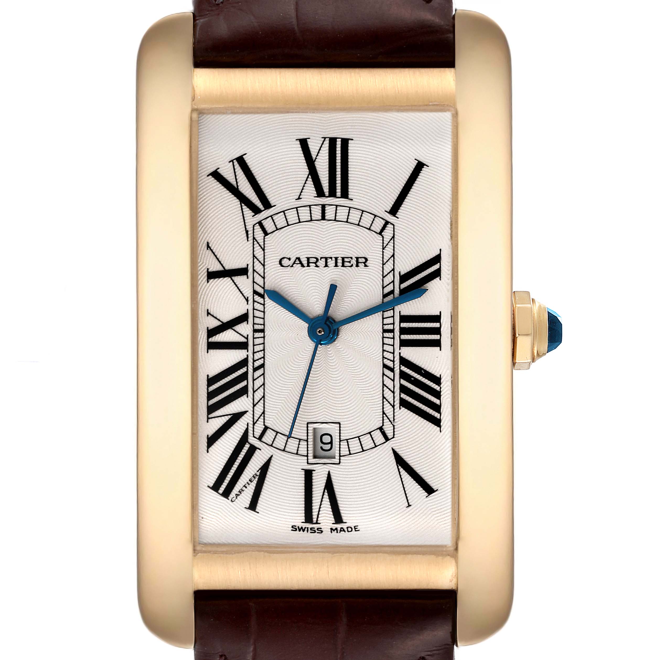 This image shows a front view of the Cartier Tank Americaine W2603156 Men's Yellow Gold Silver Dial W2603156 Men's Yellow Gold Silver Dial watch, highlighting its rectangular face, Roman numerals, and date window.