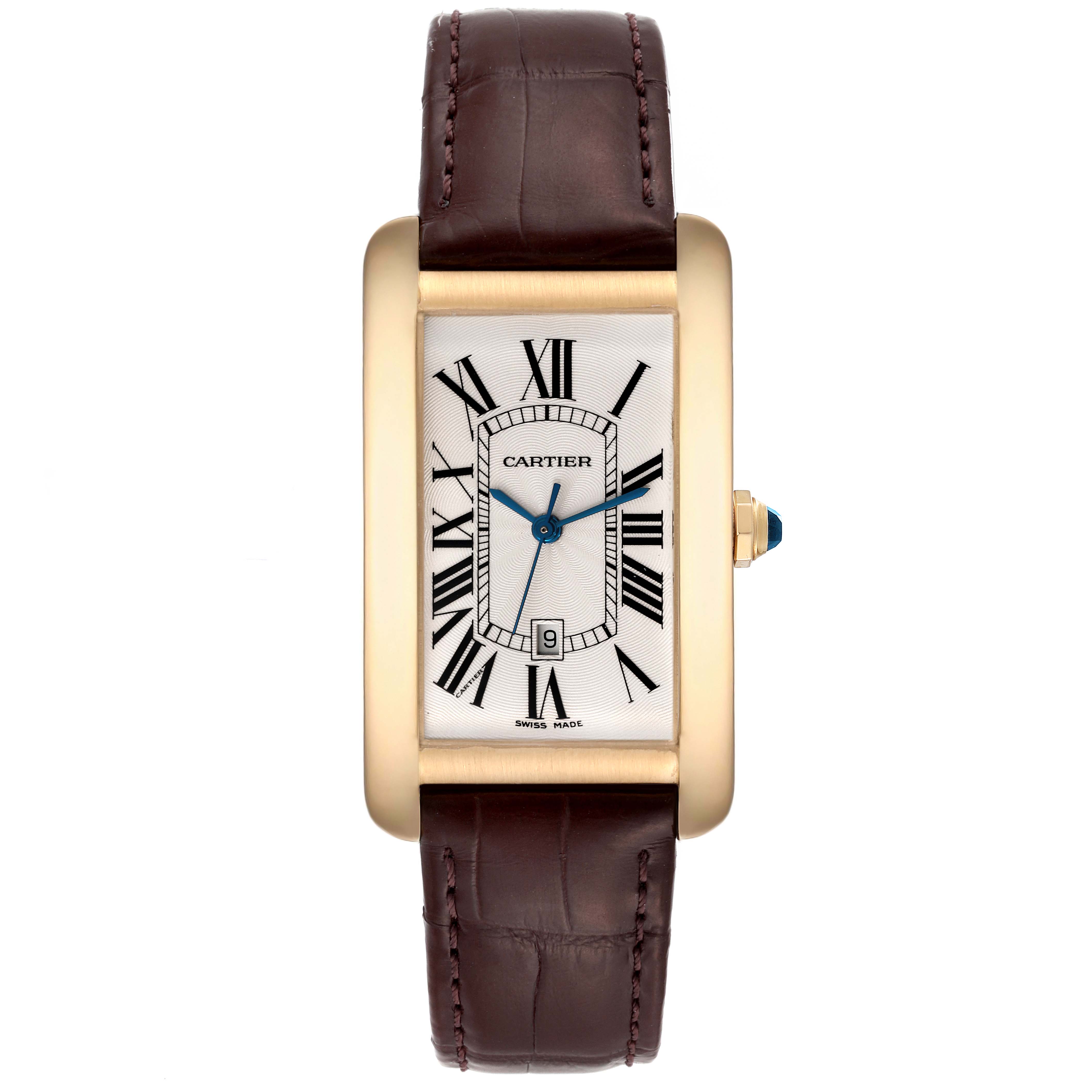 This is a front-facing view of the Cartier Tank Americaine W2603156 Men's Yellow Gold Silver Dial W2603156 Men's Yellow Gold Silver Dial watch, showing its face, leather strap, and crown.