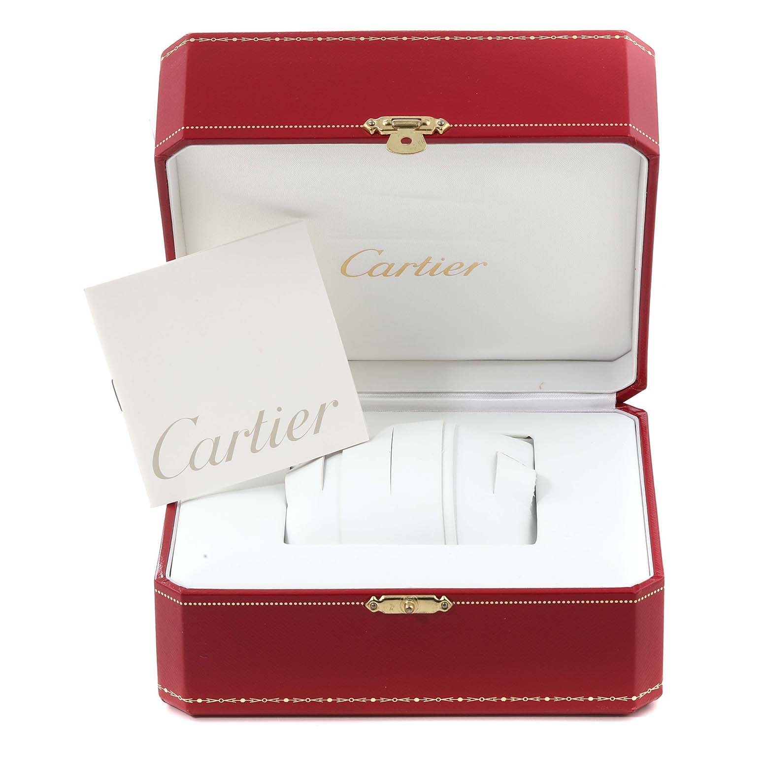 The image shows an open Cartier watch box displaying the Tank Americaine model's packaging and a booklet.