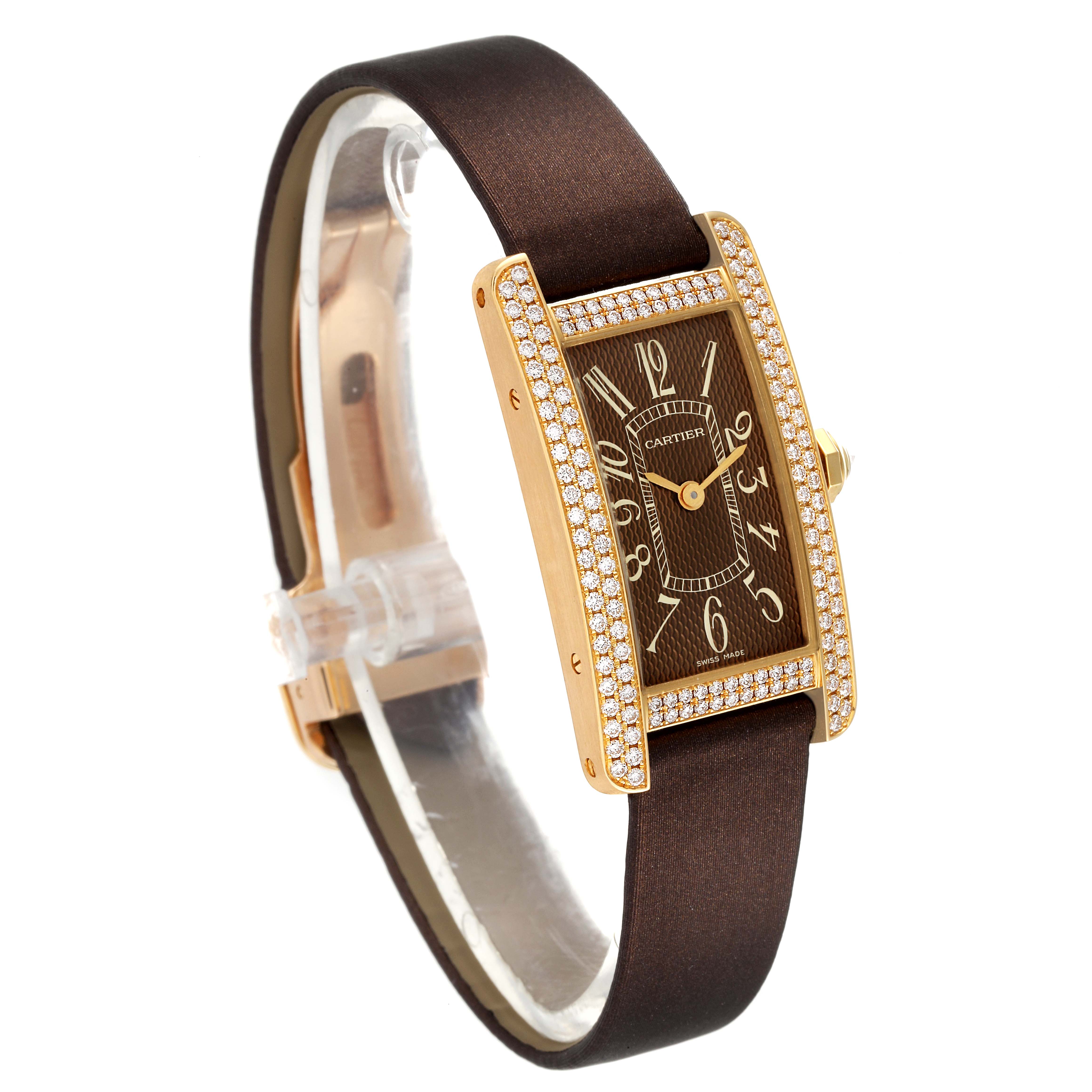 The Cartier Tank Americaine 2482 Women's Yellow Gold Brown Dial 2482 Women's Yellow Gold Brown Dial watch is shown from a front angle, highlighting its rectangular face, brown dial, gold case, and diamond bezel.
