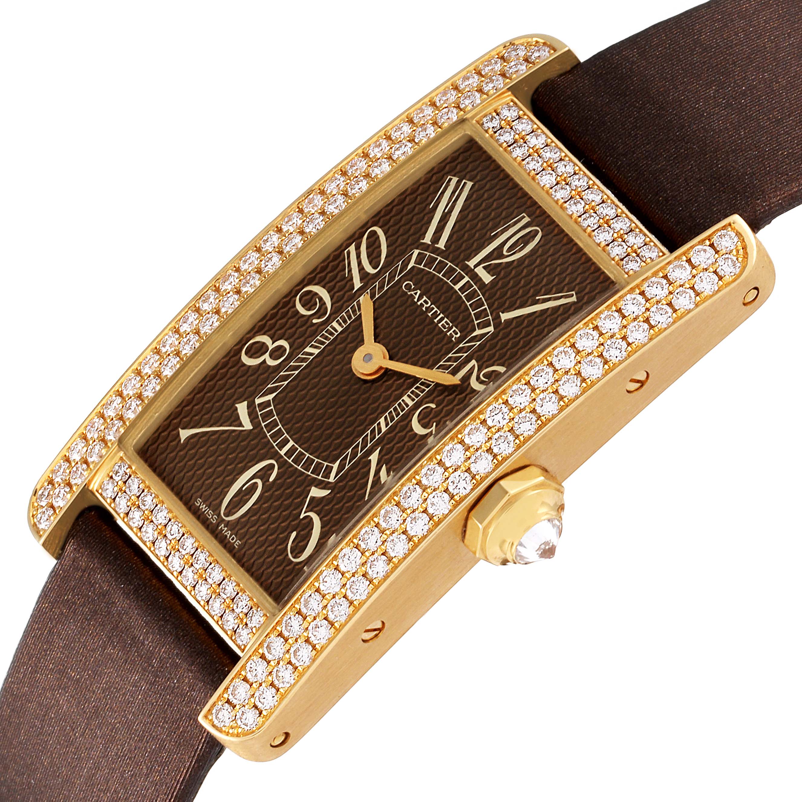 The image shows a close-up angle of a Cartier Tank Americaine 2482 Women's Yellow Gold Brown Dial 2482 Women's Yellow Gold Brown Dial watch, highlighting its diamond-studded bezel and crown.