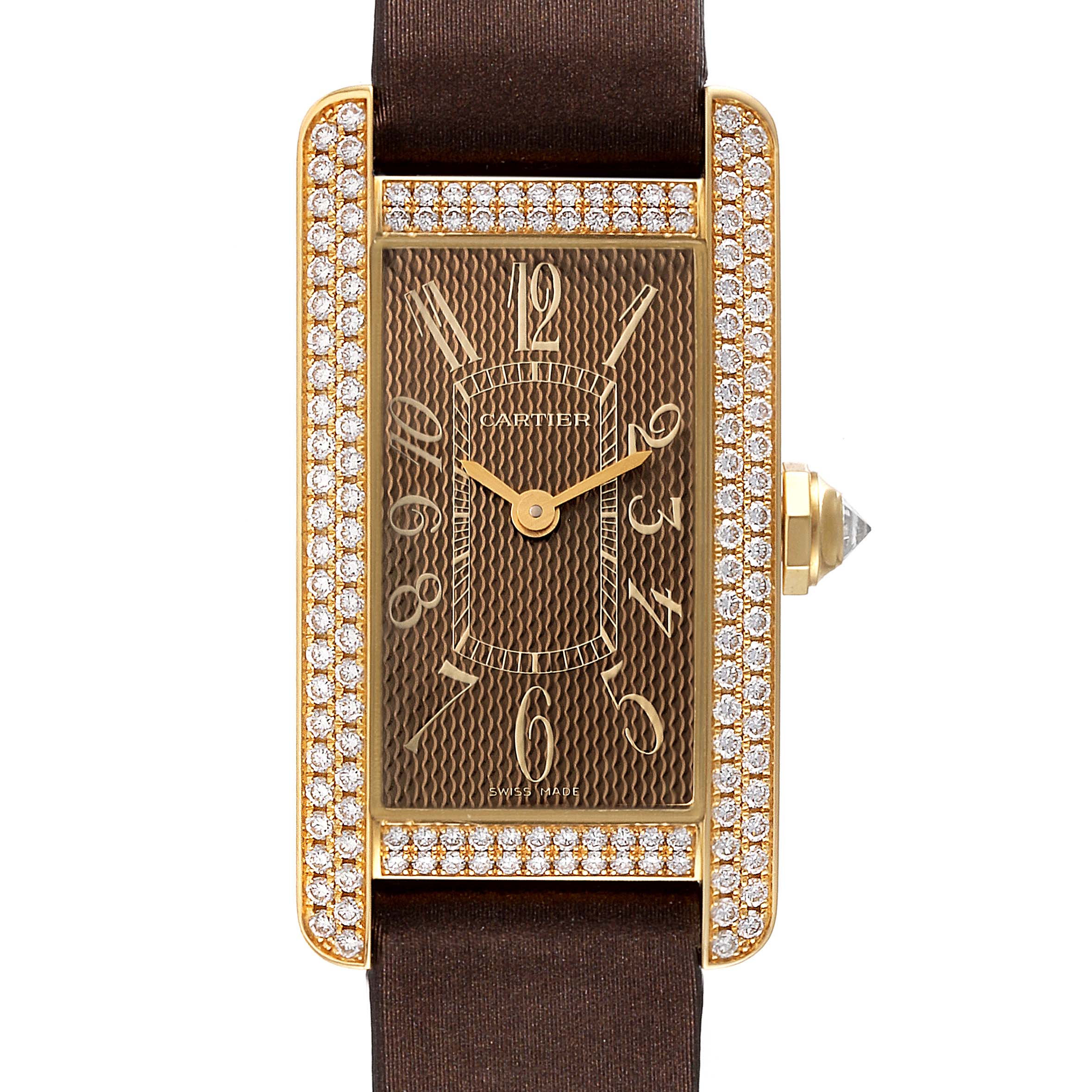 This image shows a front view of the Cartier Tank Americaine 2482 Women's Yellow Gold Brown Dial 2482 Women's Yellow Gold Brown Dial watch, highlighting the diamond-encrusted bezel and brown strap.