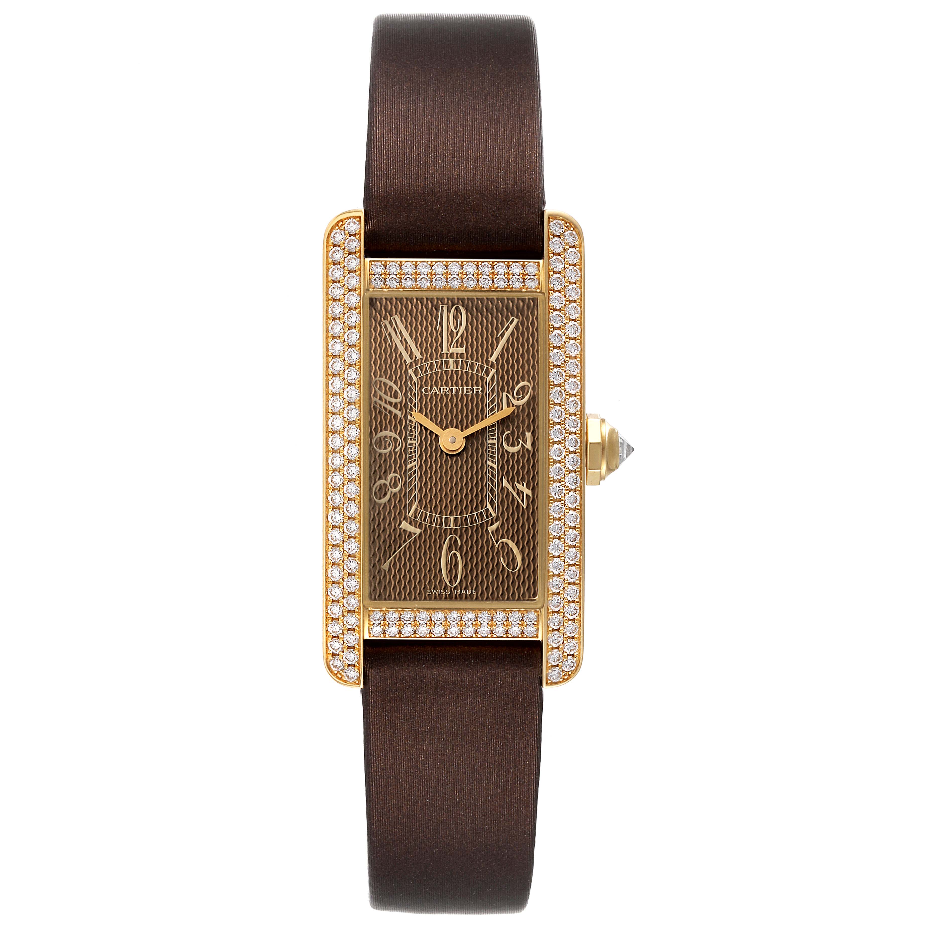 The image shows a front angle of a Cartier Tank Americaine 2482 Women's Yellow Gold Brown Dial 2482 Women's Yellow Gold Brown Dial watch, displaying the watch face, strap, and diamond-studded bezel.
