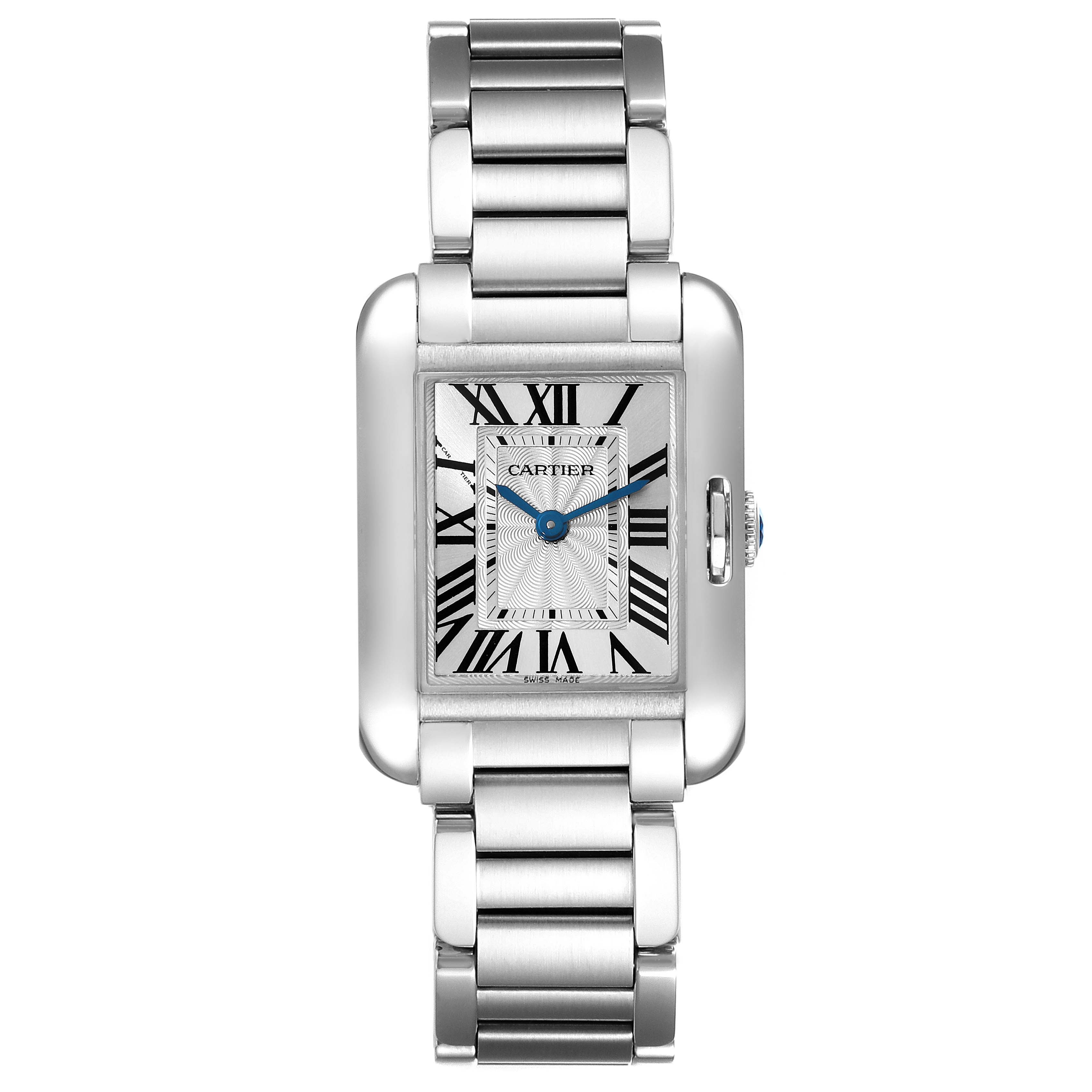 The image shows a head-on view of the Cartier Tank Anglaise W5310022 Women's Stainless Steel Silver Dial W5310022 Women's Stainless Steel Silver Dial watch, displaying its face and metal bracelet.