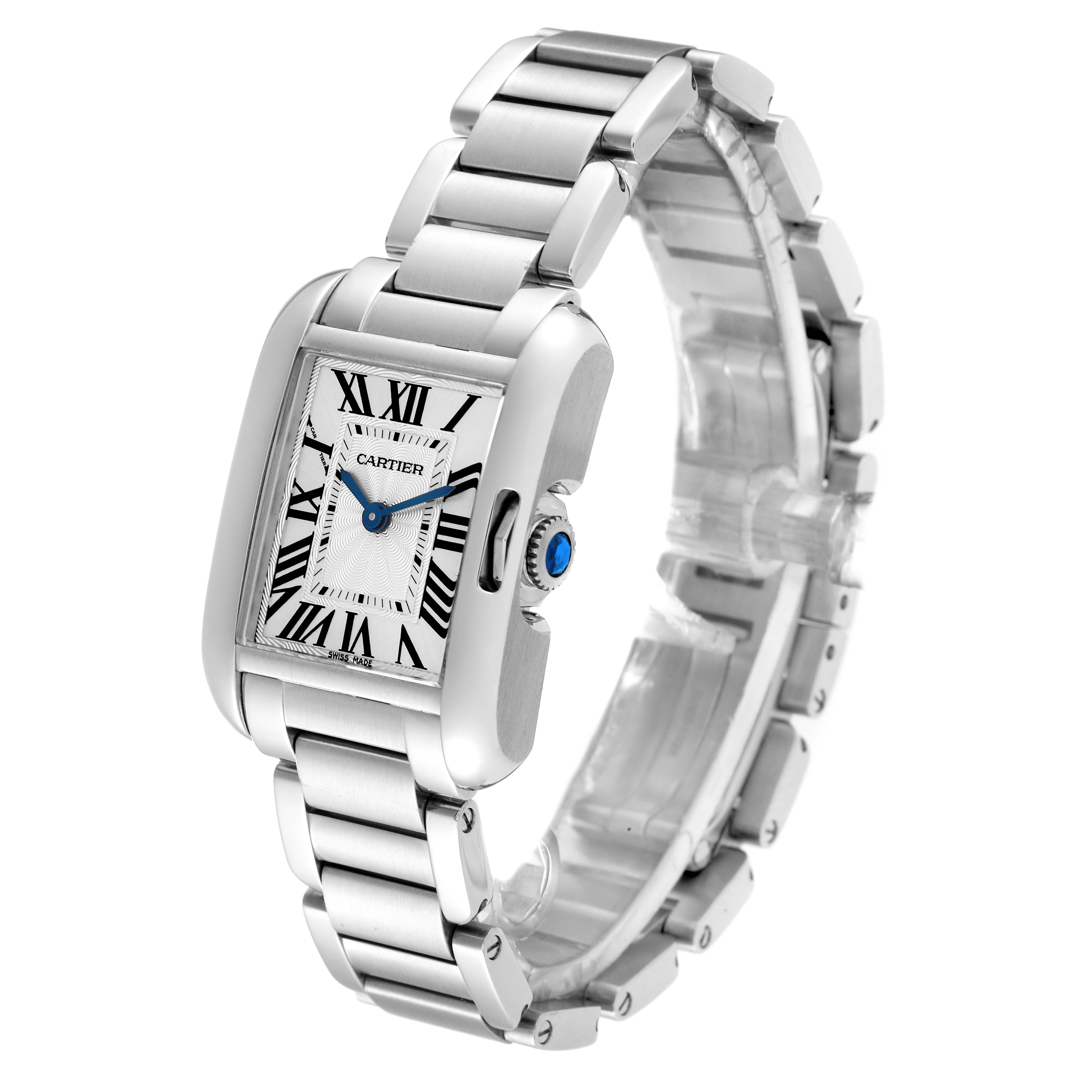 The image shows a Cartier Tank Anglaise W5310022 Women's Stainless Steel Silver Dial W5310022 Women's Stainless Steel Silver Dial watch at a three-quarter angle, highlighting the face, bracelet, and crown.