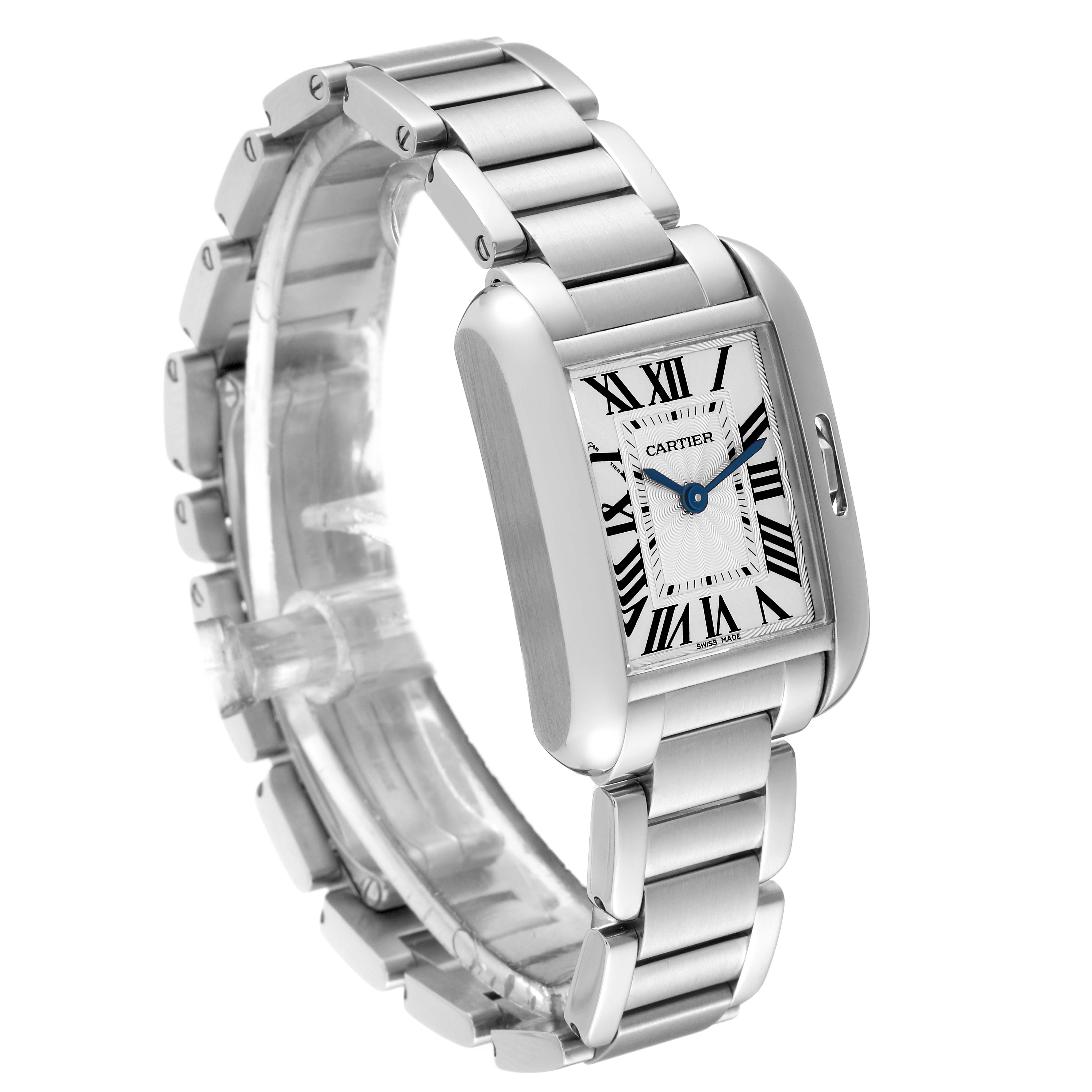 The image shows a Tank Anglaise watch by Cartier from a left three-quarter angle, highlighting the face, case, and bracelet.