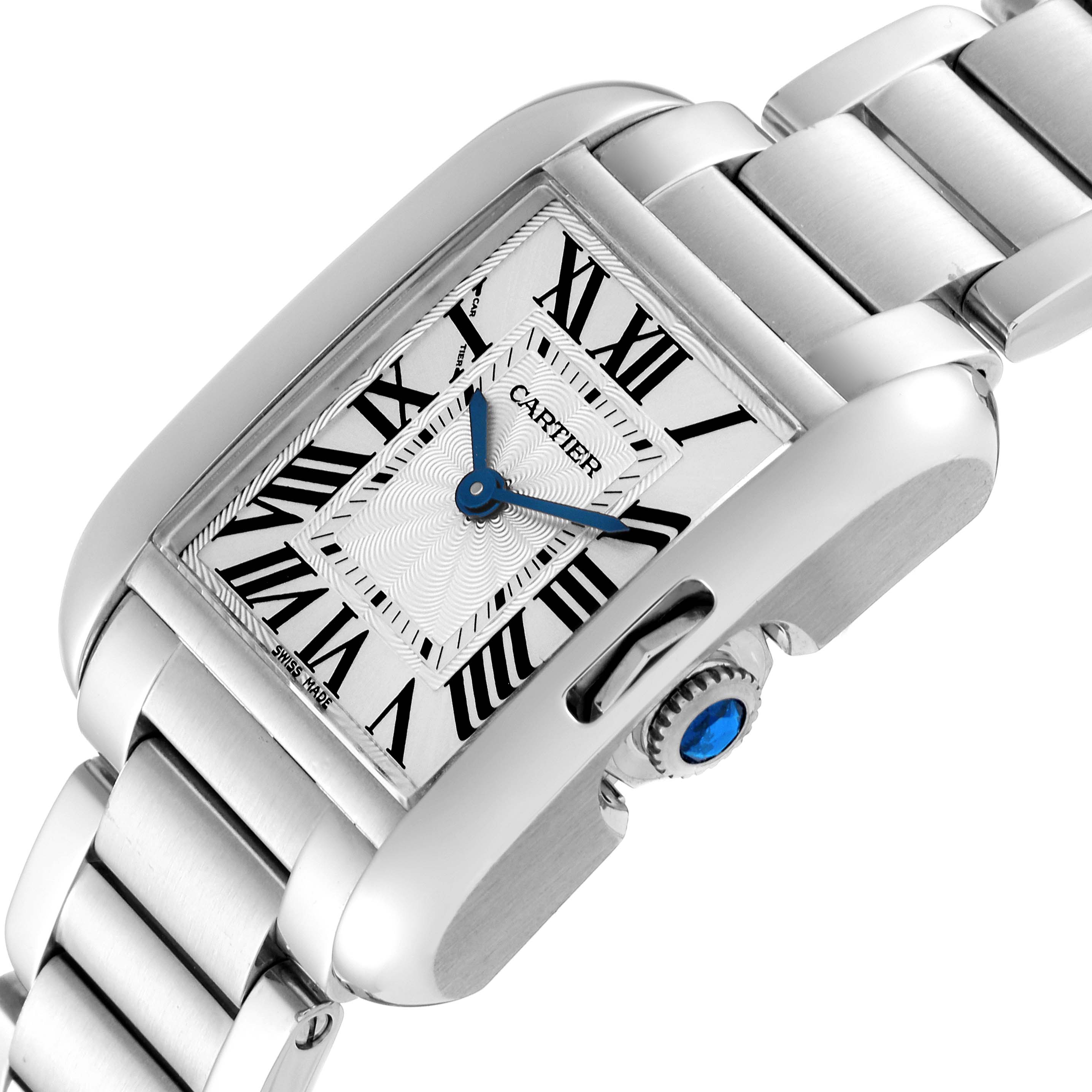 This image shows a close-up angled view of the Cartier Tank Anglaise W5310022 Women's Stainless Steel Silver Dial W5310022 Women's Stainless Steel Silver Dial watch, focusing on the dial, crown, and part of the bracelet.
