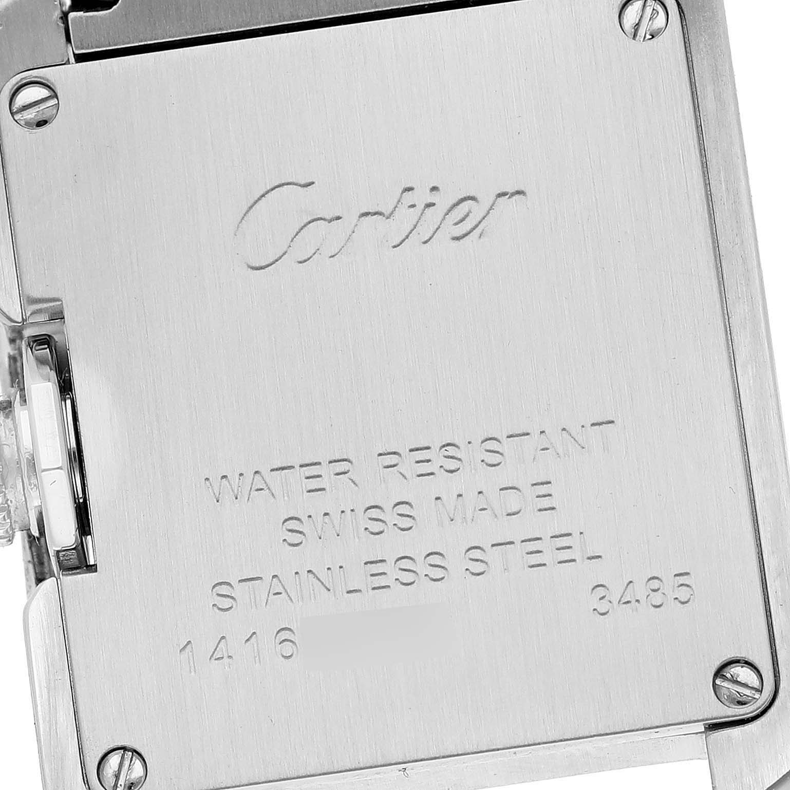 The image shows the case back of a Cartier Tank Anglaise W5310022 Women's Stainless Steel Silver Dial W5310022 Women's Stainless Steel Silver Dial watch, highlighting the brand name, water resistance, and material information.