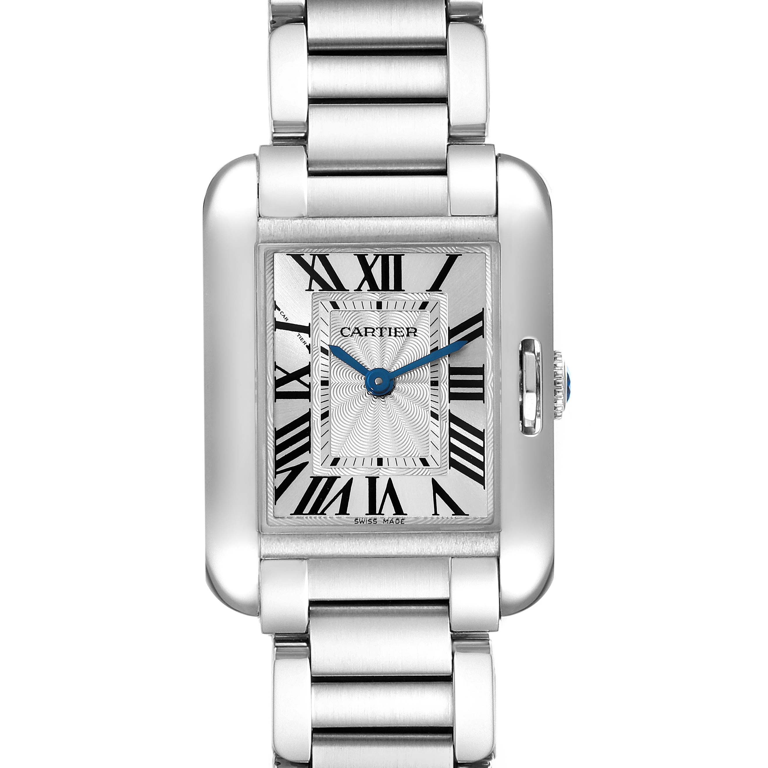 This image shows a front view of the Cartier Tank Anglaise W5310022 Women's Stainless Steel Silver Dial W5310022 Women's Stainless Steel Silver Dial watch, featuring its face, bracelet, and crown.