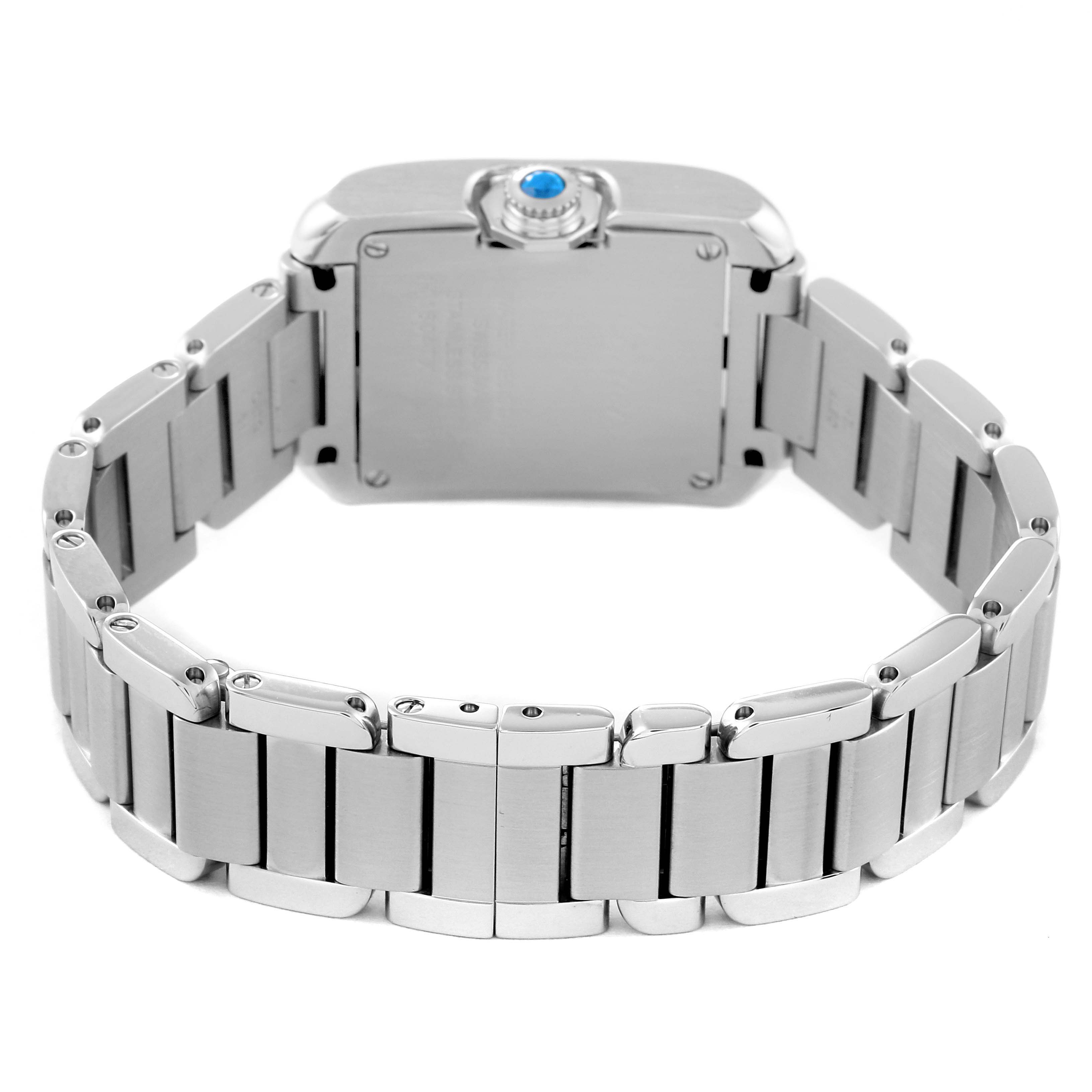 This image shows the back view of the Cartier Tank Anglaise W5310022 Women's Stainless Steel Silver Dial W5310022 Women's Stainless Steel Silver Dial watch, highlighting its clasp and bracelet.