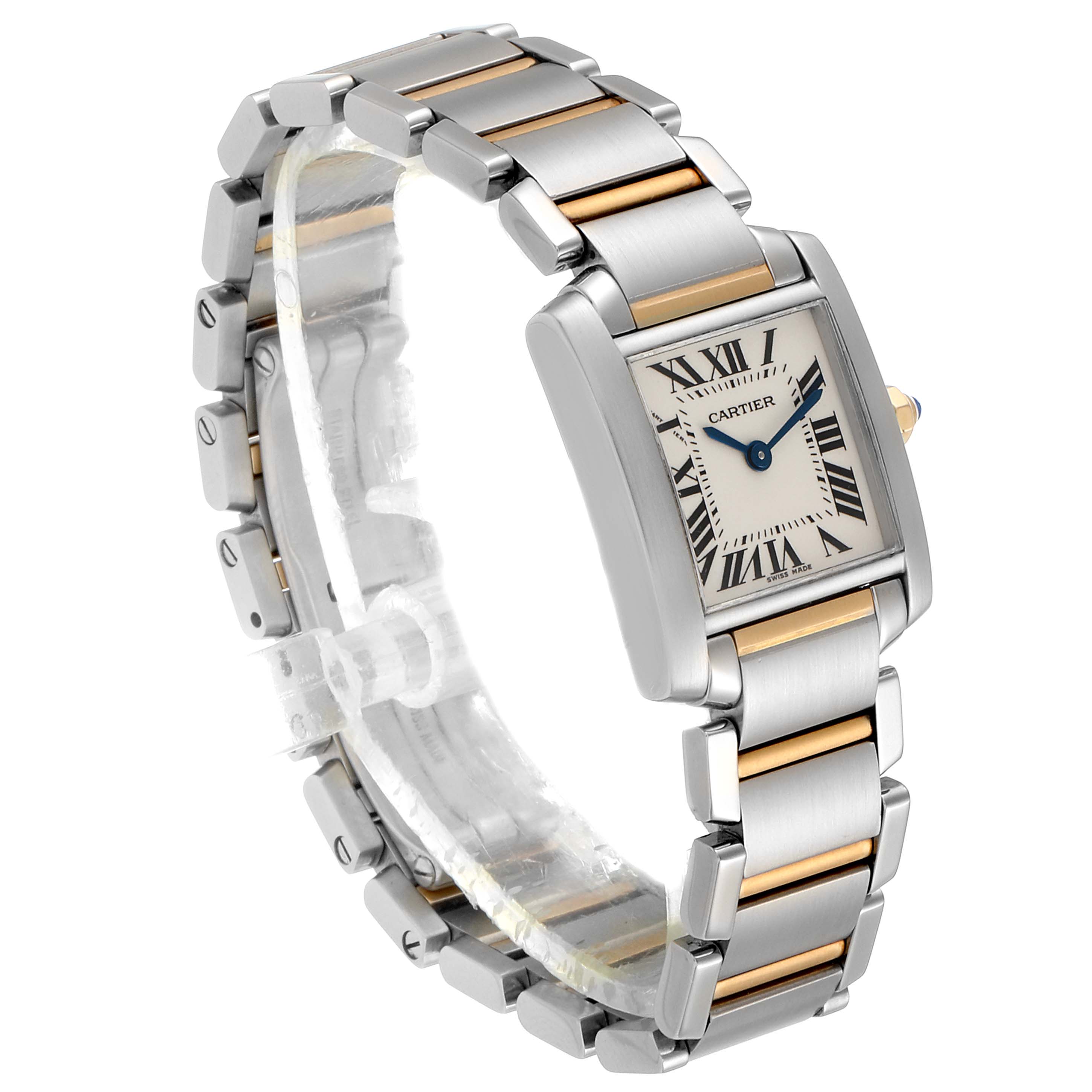 The image depicts a Cartier Tank Francaise W51007Q4 Women's Steel and Gold (two tone) Silver Dial W51007Q4 Women's Steel and Gold (two tone) Silver Dial watch at a three-quarter angle, highlighting its face, bezel, and bracelet.