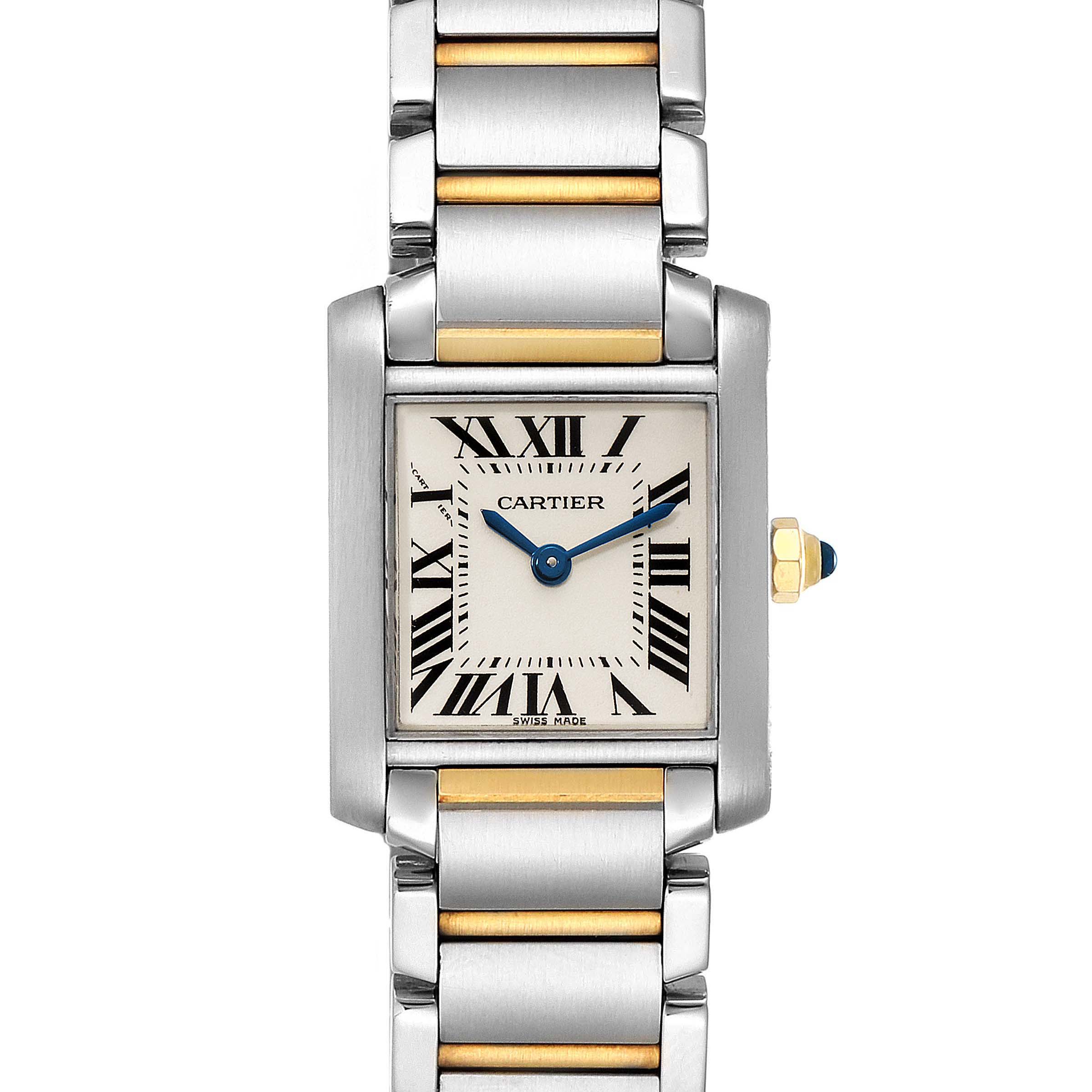 The image shows a front view of a Cartier Tank Francaise W51007Q4 Women's Steel and Gold (two tone) Silver Dial W51007Q4 Women's Steel and Gold (two tone) Silver Dial watch, highlighting the face, bracelet, and crown.
