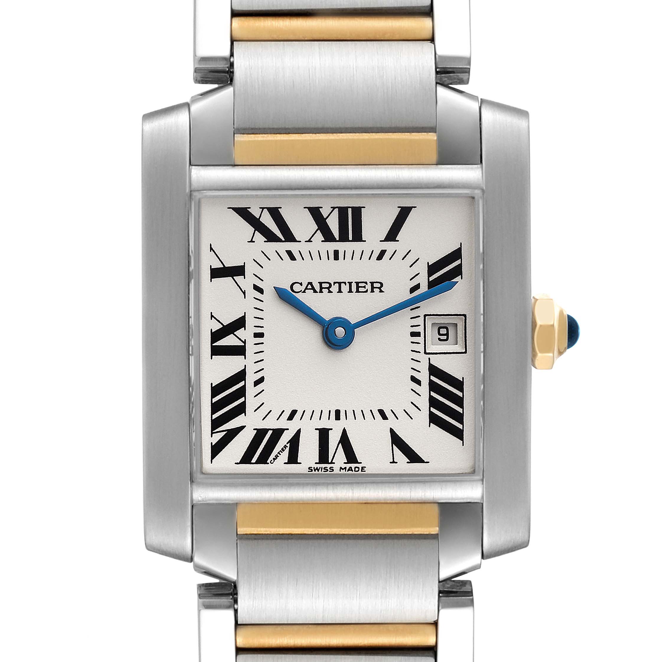 This image shows a close-up frontal view of the Cartier Tank Francaise W51012Q4 Women's Steel and Gold (two tone) Silver Dial W51012Q4 Women's Steel and Gold (two tone) Silver Dial watch, highlighting its dial, hands, date window, and part of the bracelet.