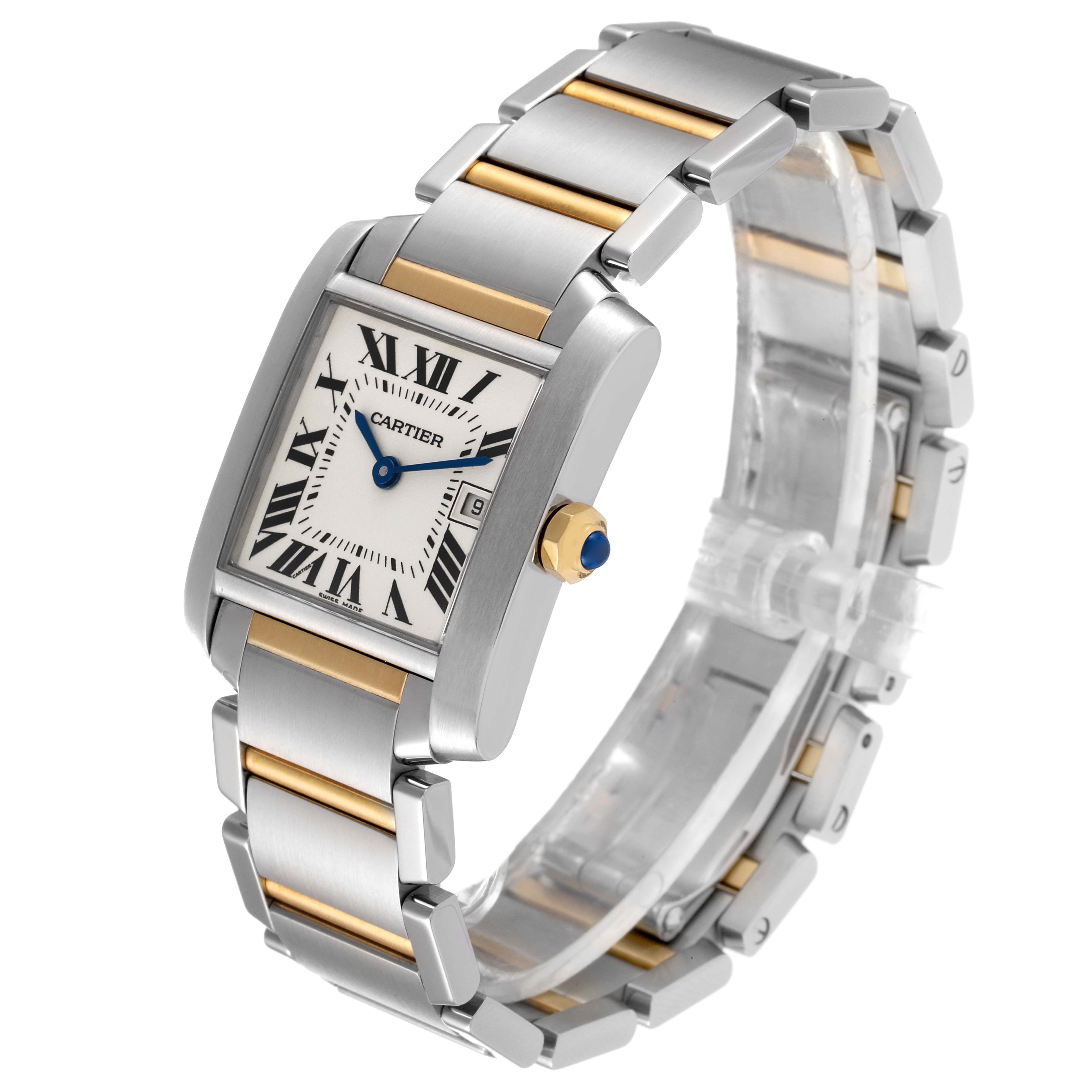 The image shows a Cartier Tank Francaise W51012Q4 Women's Steel and Gold (two tone) Silver Dial W51012Q4 Women's Steel and Gold (two tone) Silver Dial watch at a three-quarter angle, highlighting its face, bracelet, and clasp.