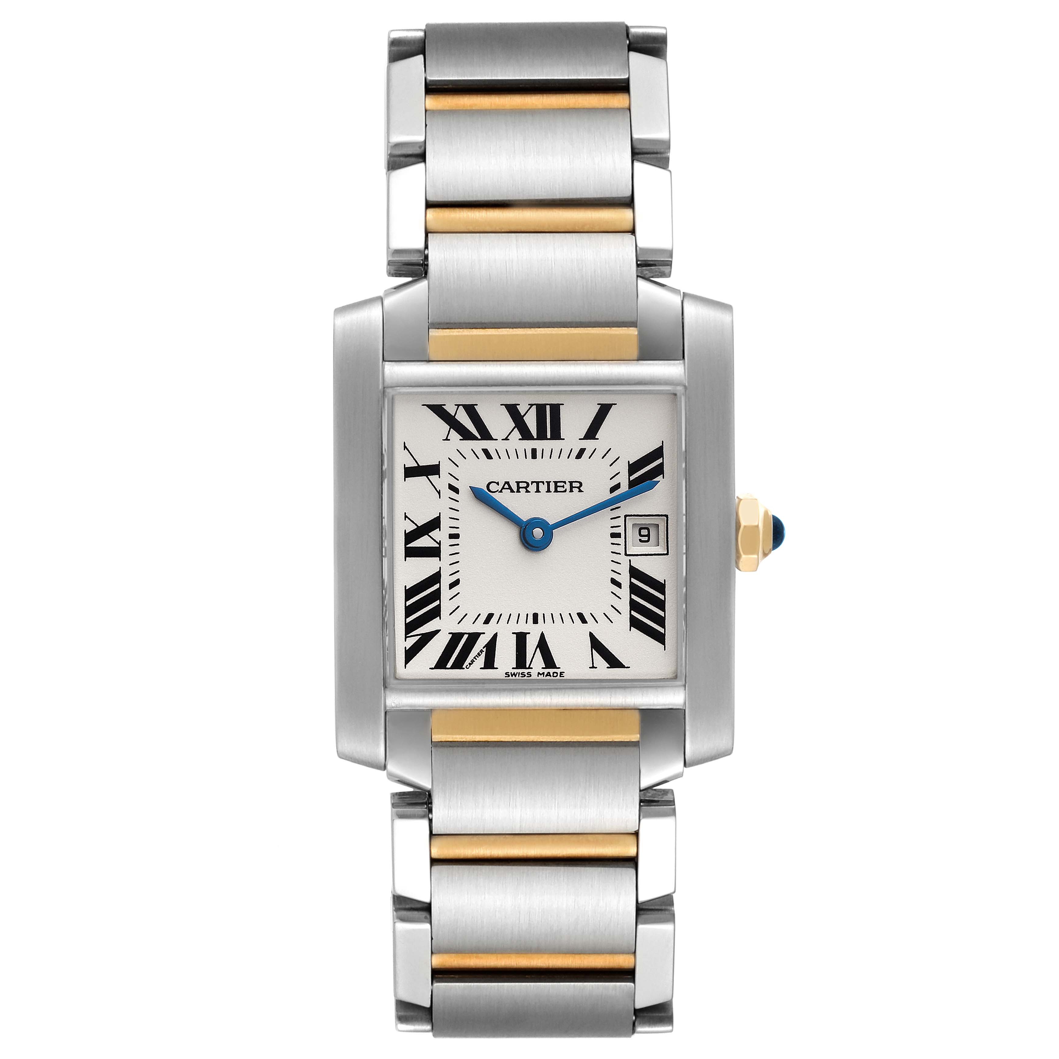 This image shows a front view of the Cartier Tank Francaise W51012Q4 Women's Steel and Gold (two tone) Silver Dial W51012Q4 Women's Steel and Gold (two tone) Silver Dial watch featuring a silver and gold bracelet, Roman numeral dial, and blue hands.