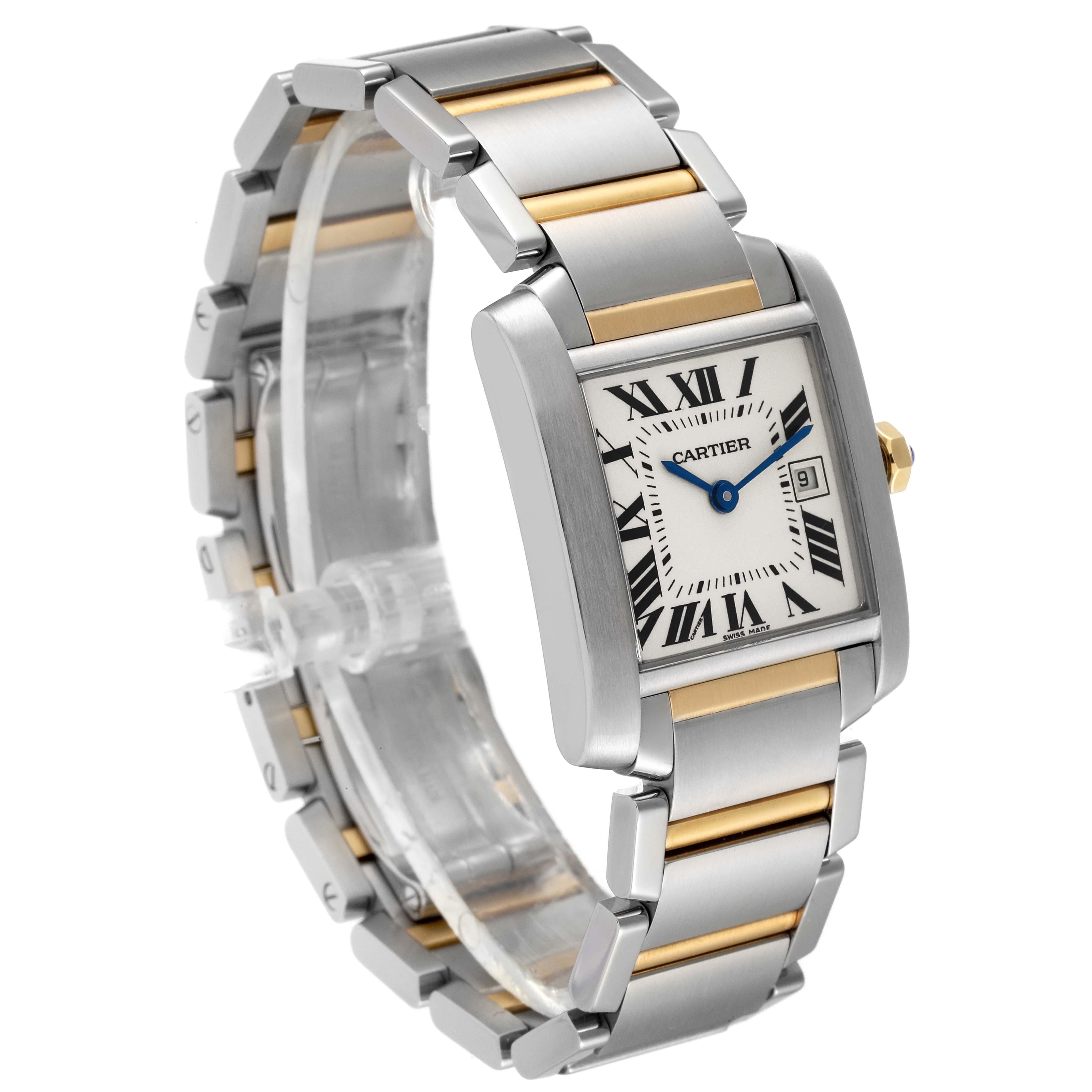 The image shows the Cartier Tank Francaise W51012Q4 Women's Steel and Gold (two tone) Silver Dial W51012Q4 Women's Steel and Gold (two tone) Silver Dial watch at a three-quarter angle, highlighting its rectangular dial, Roman numerals, and metal bracelet.
