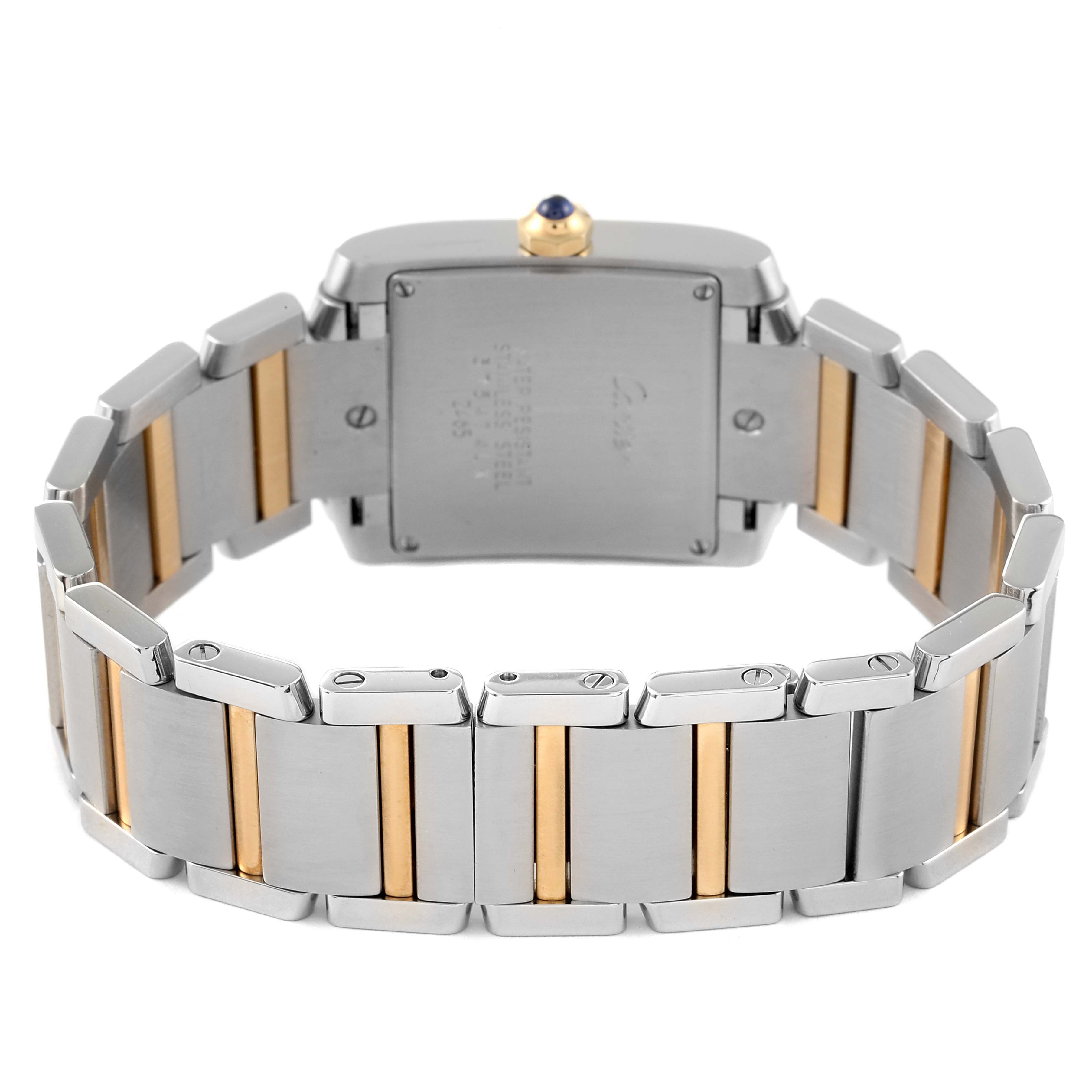 This image shows the rear view of a Cartier Tank Francaise W51012Q4 Women's Steel and Gold (two tone) Silver Dial W51012Q4 Women's Steel and Gold (two tone) Silver Dial watch, displaying its stainless steel and gold bracelet and the back of the case.