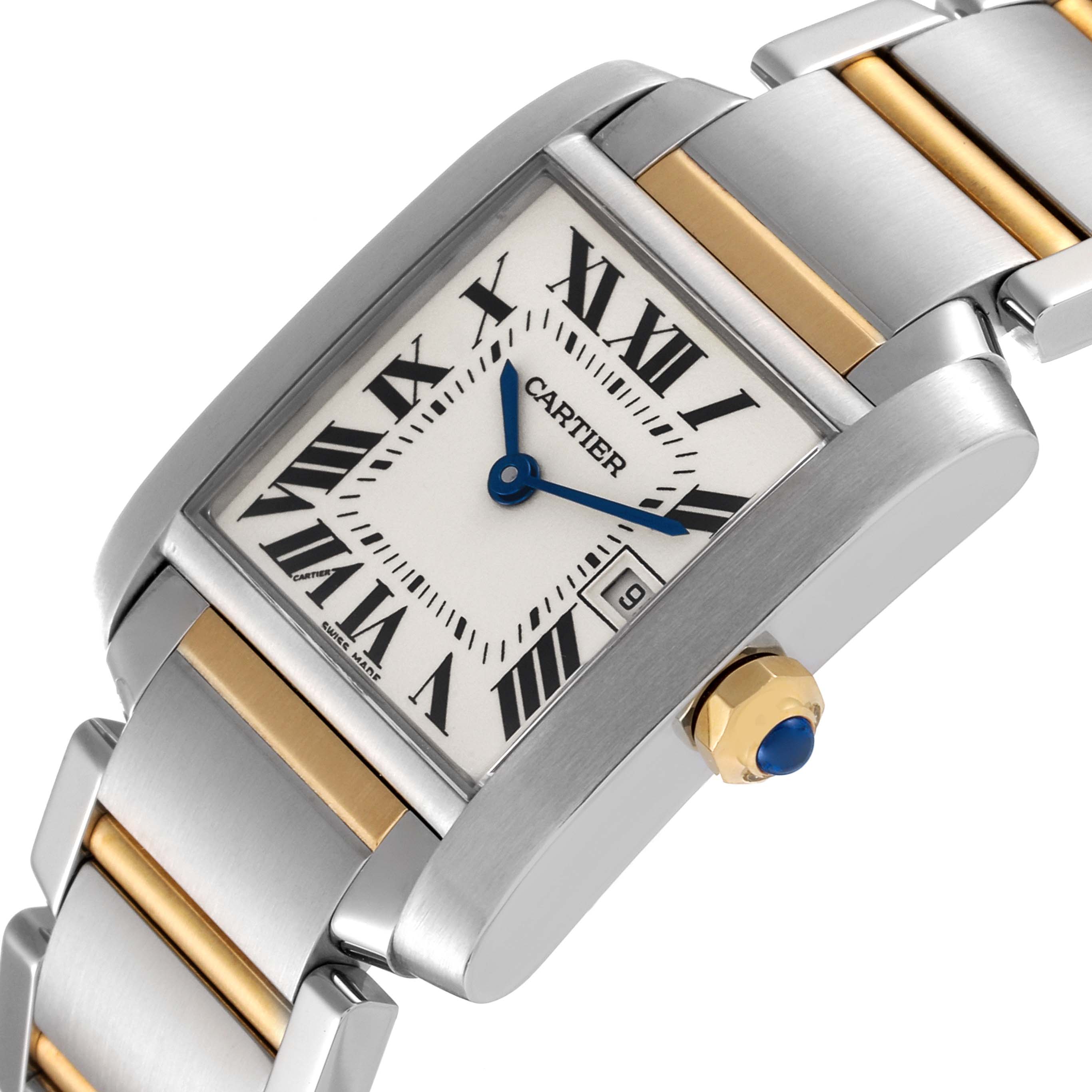 This image shows a Cartier Tank Francaise W51012Q4 Women's Steel and Gold (two tone) Silver Dial W51012Q4 Women's Steel and Gold (two tone) Silver Dial watch, focused on the face, crown, and part of the gold and steel bracelet at an angled view.