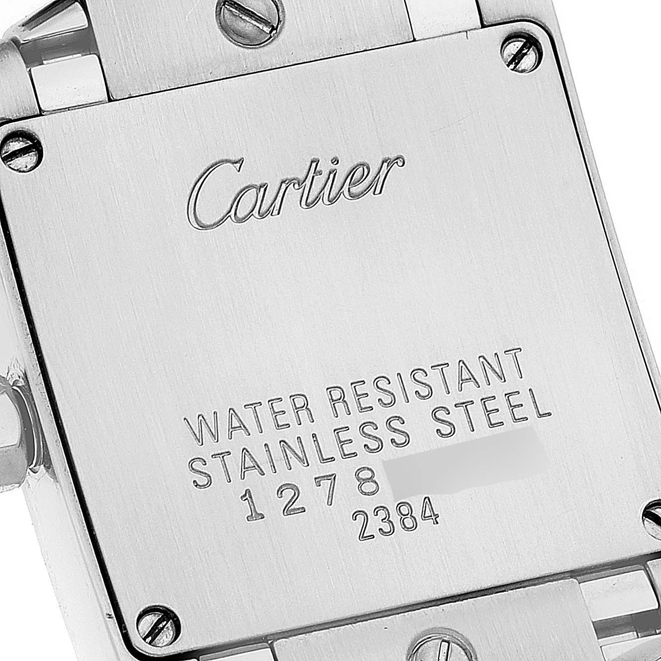 The image shows the back case of a Cartier Tank Francaise W51008Q3 Women's Stainless Steel Silver Dial W51008Q3 Women's Stainless Steel Silver Dial watch, highlighting its water resistance and stainless steel material.