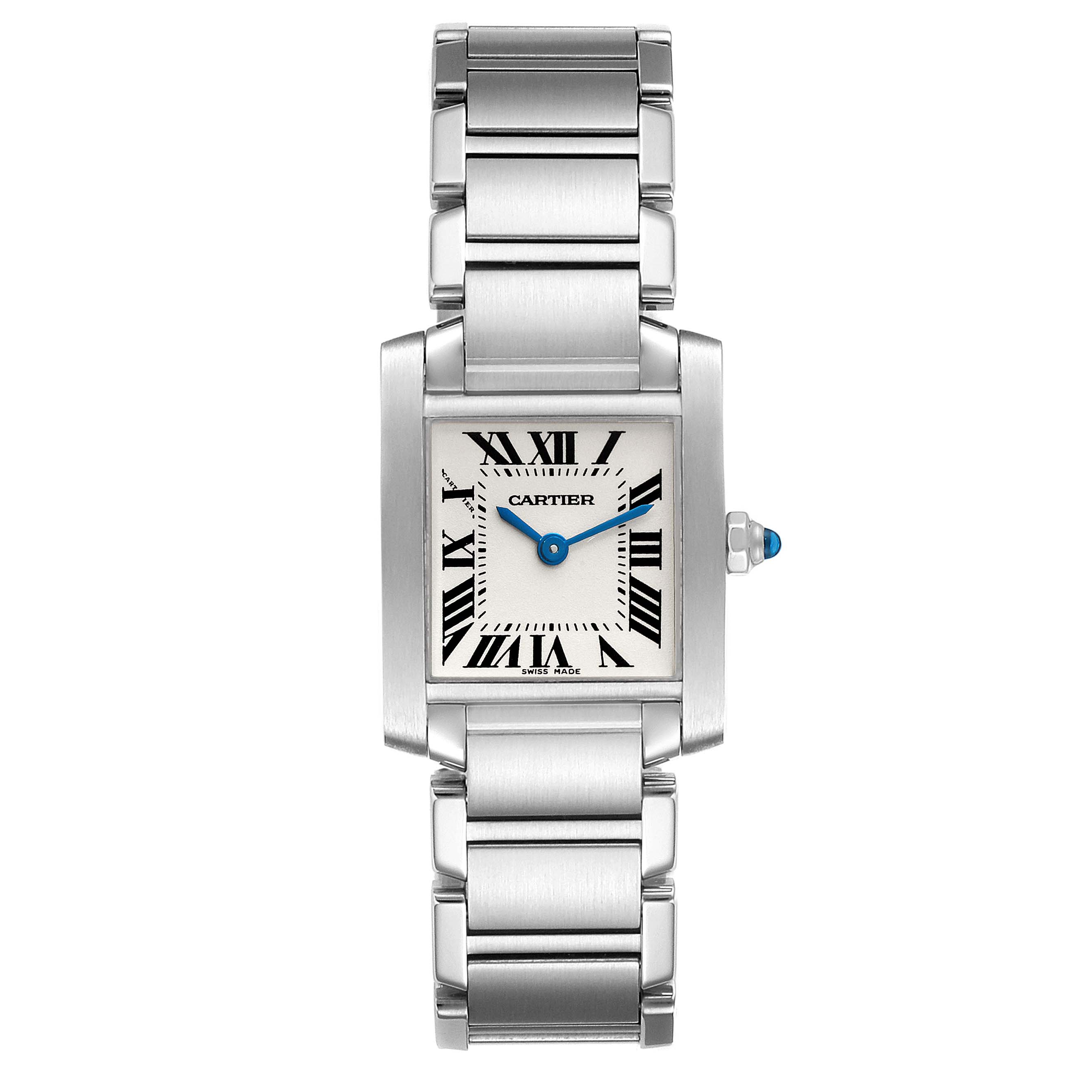 The image shows a front view of the Cartier Tank Française watch, highlighting its rectangular case, bracelet, and blue sword-shaped hands.