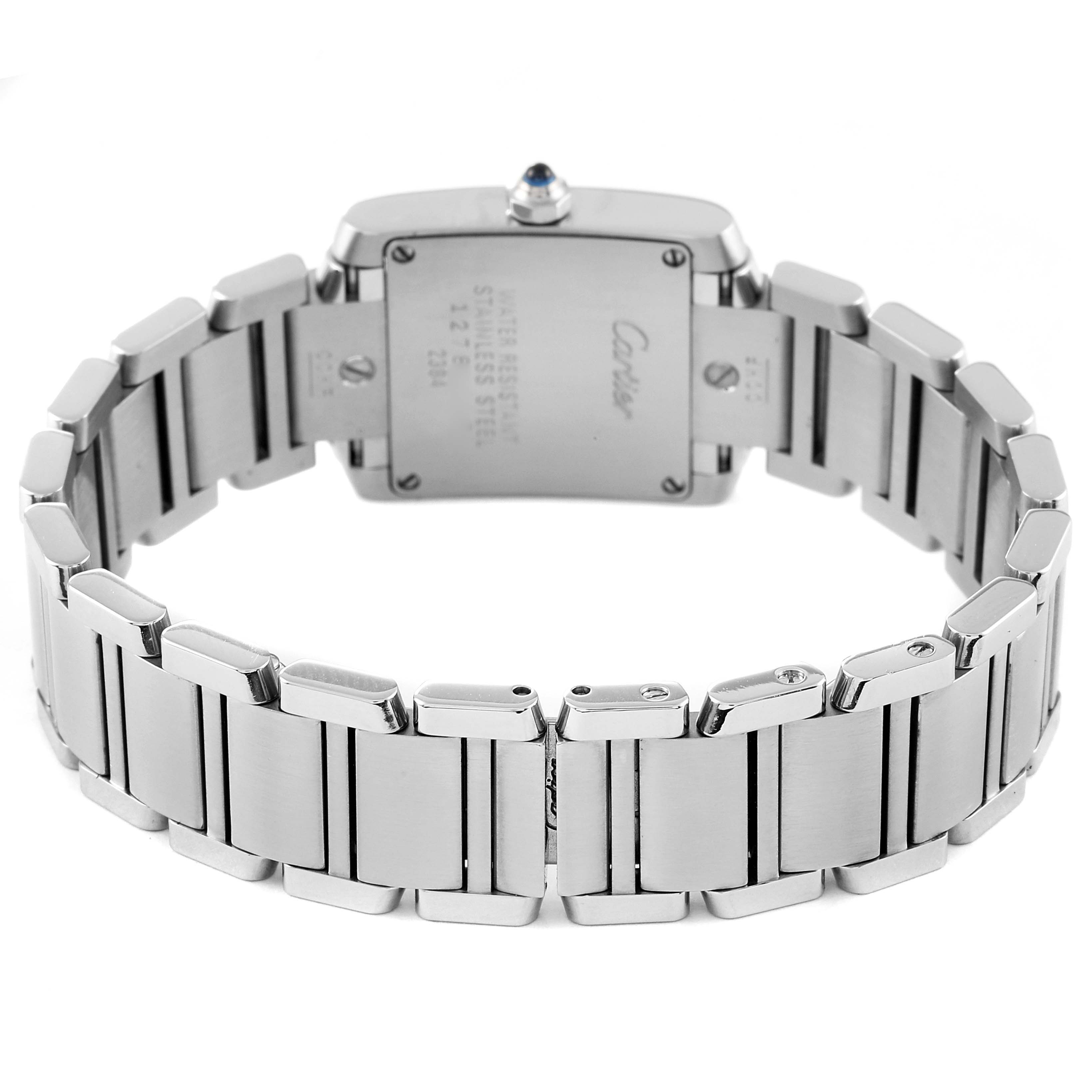 The image shows the back case and stainless steel bracelet of the Cartier Tank Francaise W51008Q3 Women's Stainless Steel Silver Dial W51008Q3 Women's Stainless Steel Silver Dial watch, viewed from the rear.