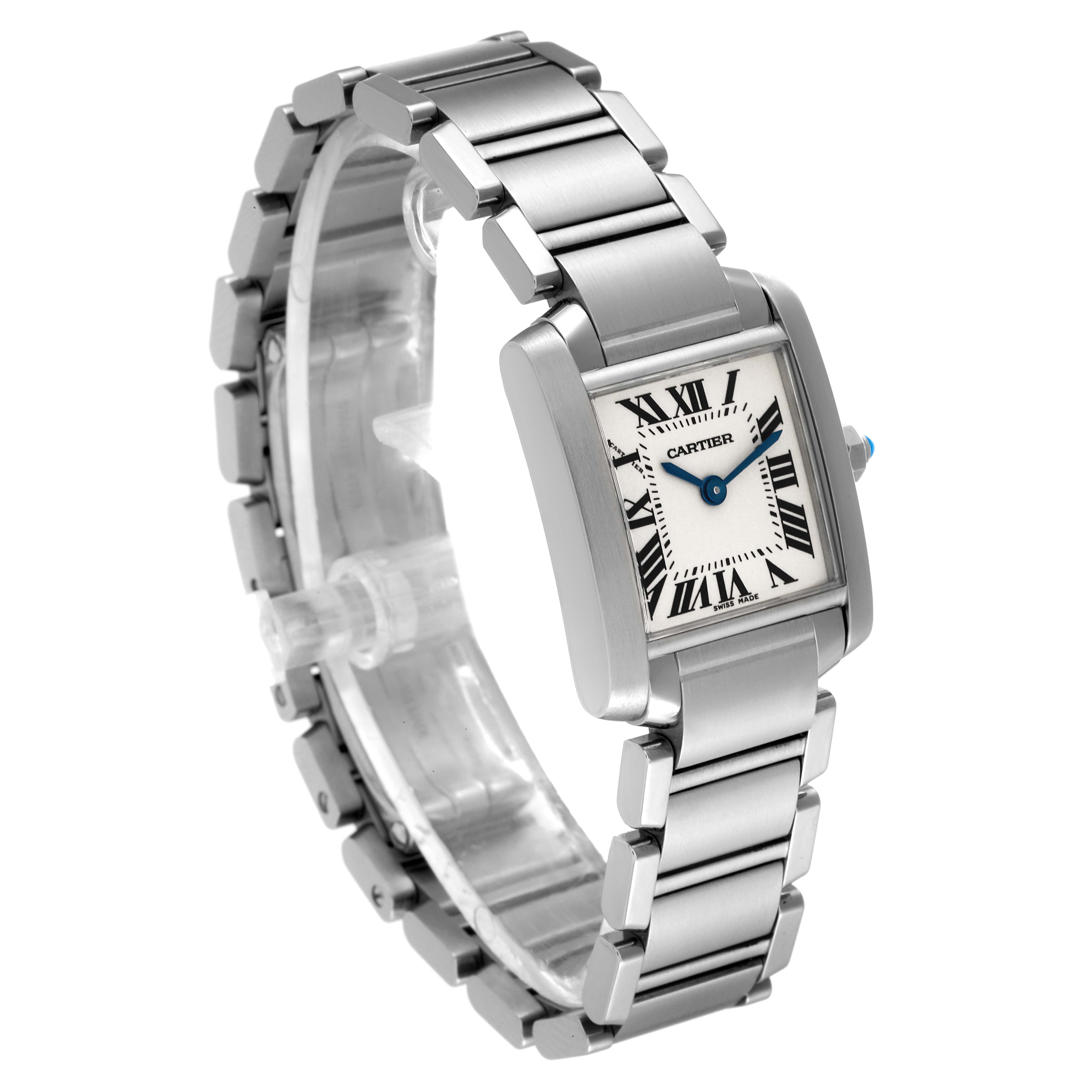The image shows a Cartier Tank Française watch at a 3/4 angle, highlighting its rectangular face, Roman numerals, and metal bracelet.