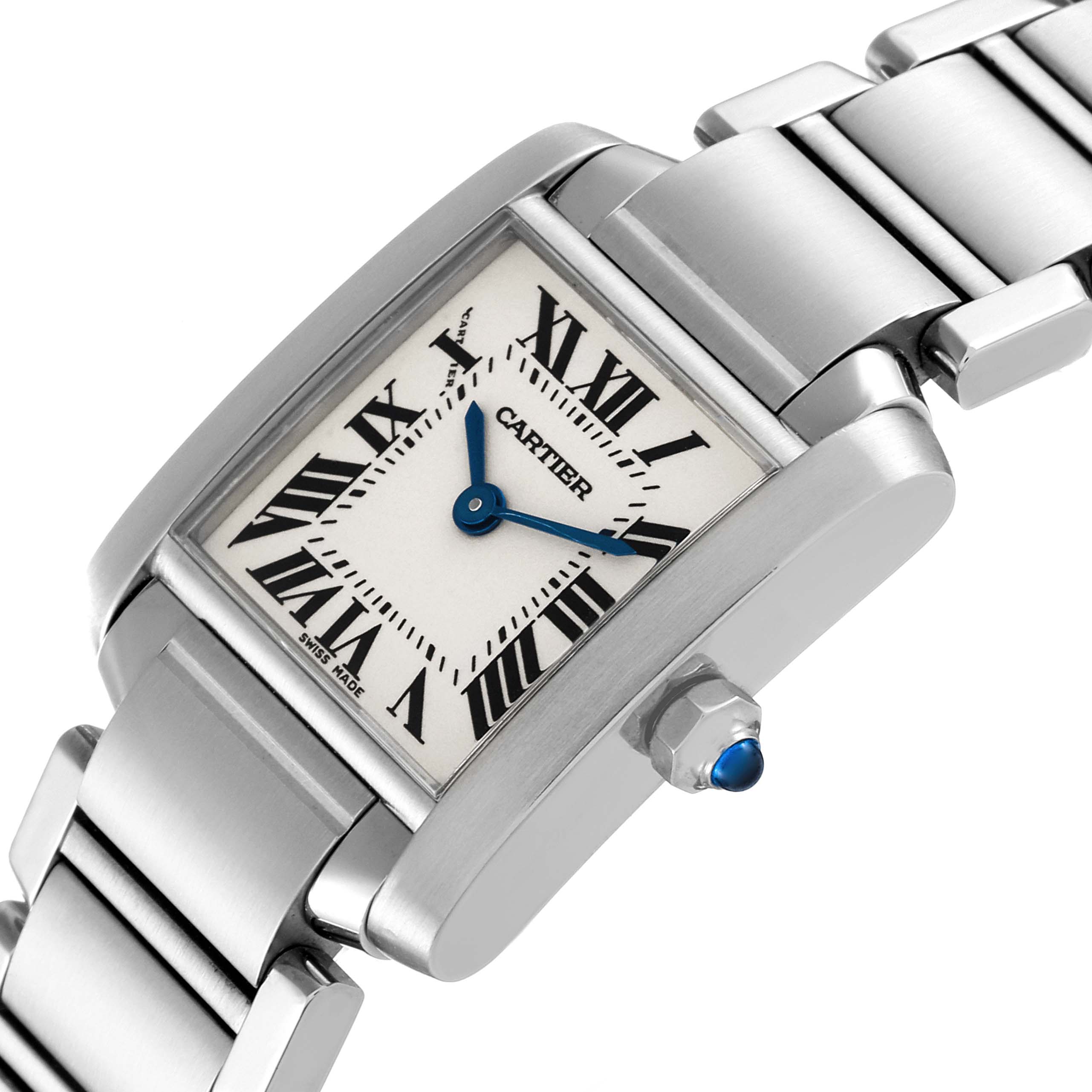This image shows a Cartier Tank Francaise W51008Q3 Women's Stainless Steel Silver Dial W51008Q3 Women's Stainless Steel Silver Dial watch at an angle, highlighting its face, case, and metal bracelet.