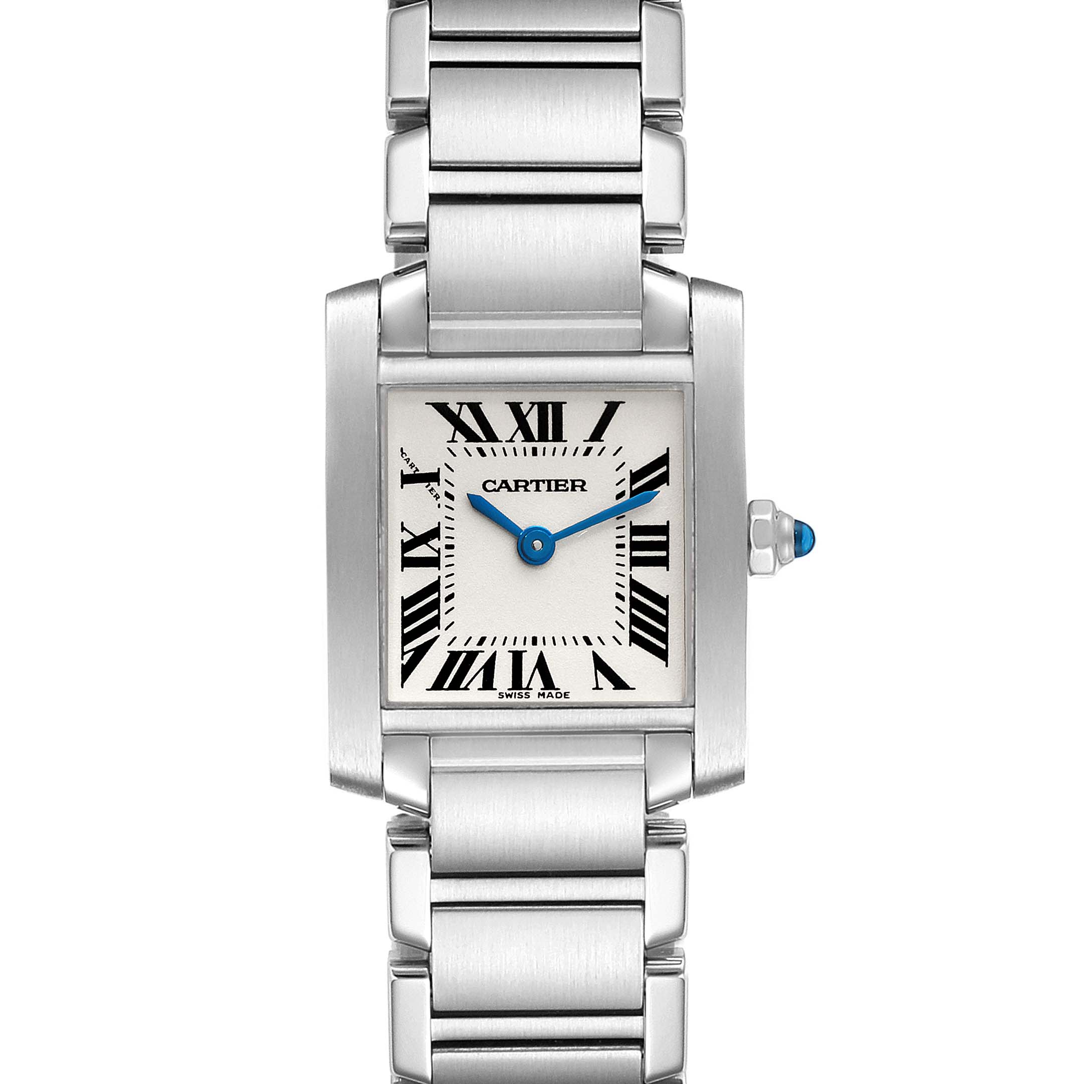 The image shows a front view of the Cartier Tank Francaise W51008Q3 Women's Stainless Steel Silver Dial W51008Q3 Women's Stainless Steel Silver Dial watch, displaying its face and metal bracelet.