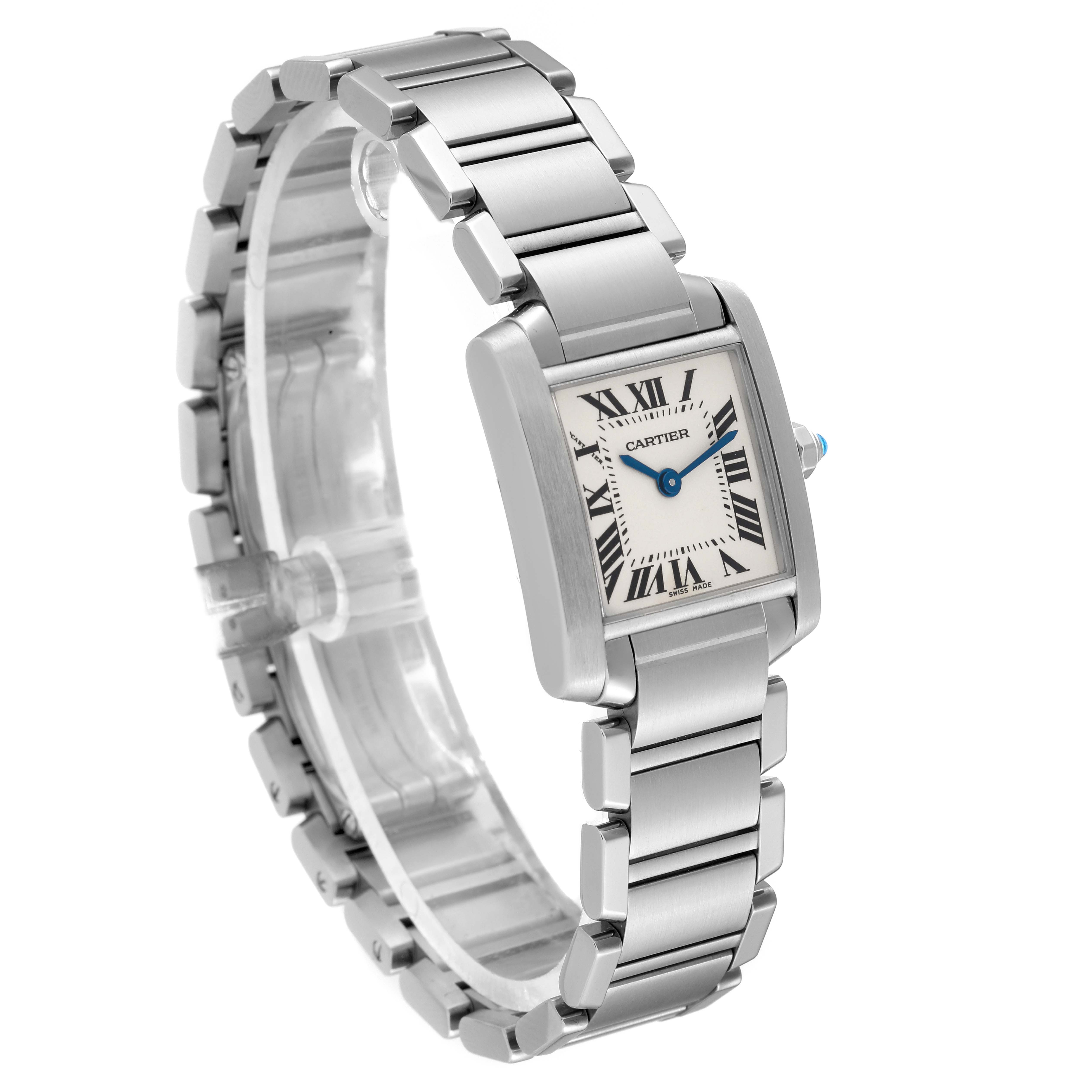 The image shows a side angle of a Cartier Tank Française watch, highlighting its stainless steel bracelet and rectangular face.