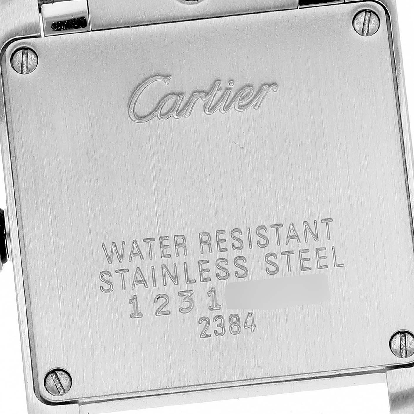 The image shows the back case of a Cartier Tank Francaise W51008Q3 Women
s Stainless Steel Silver Dial W51008Q3 Women
s Stainless Steel Silver Dial watch, highlighting branding and water resistance details.