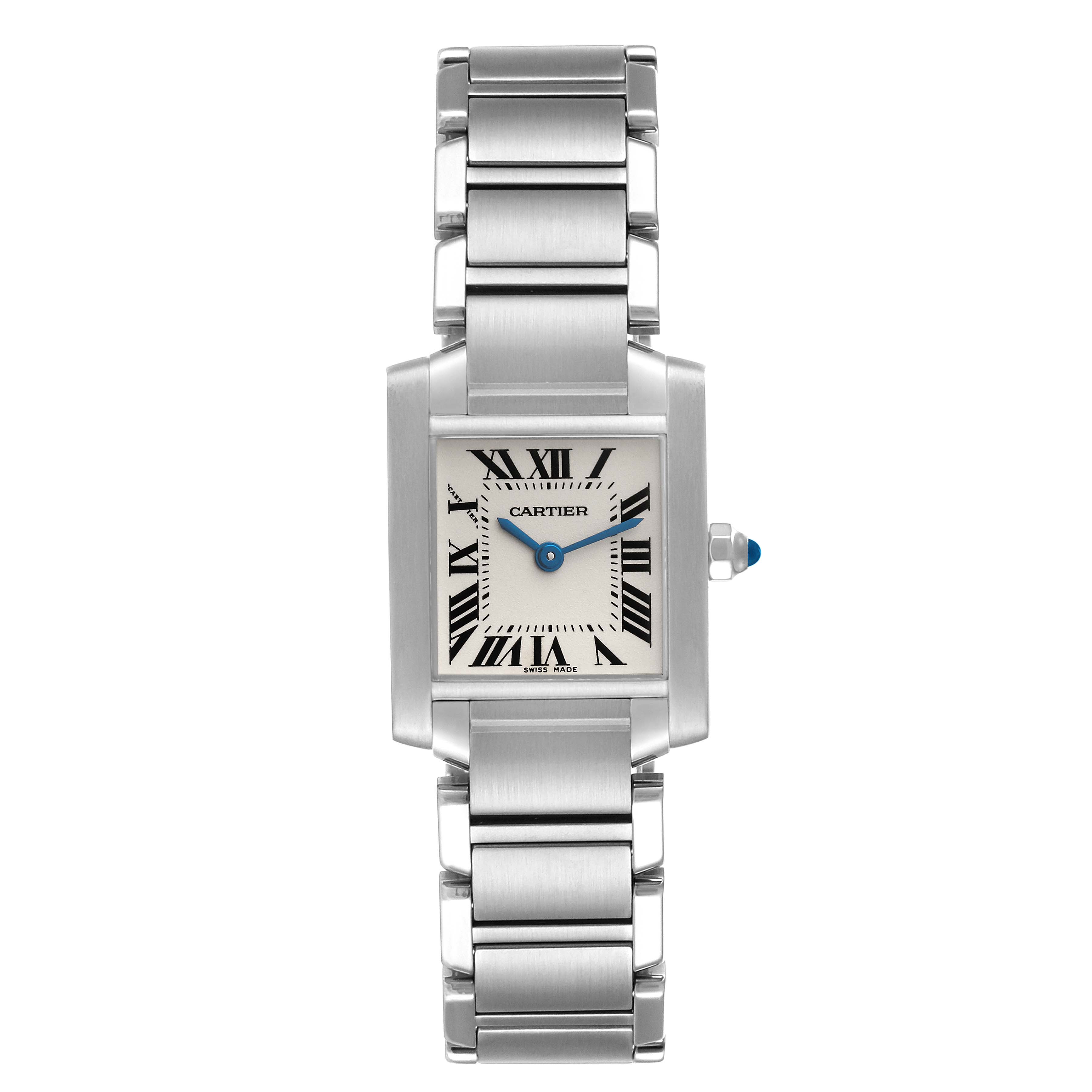 This image shows a frontal view of the Cartier Tank Française watch, displaying its face, bracelet, and crown.
