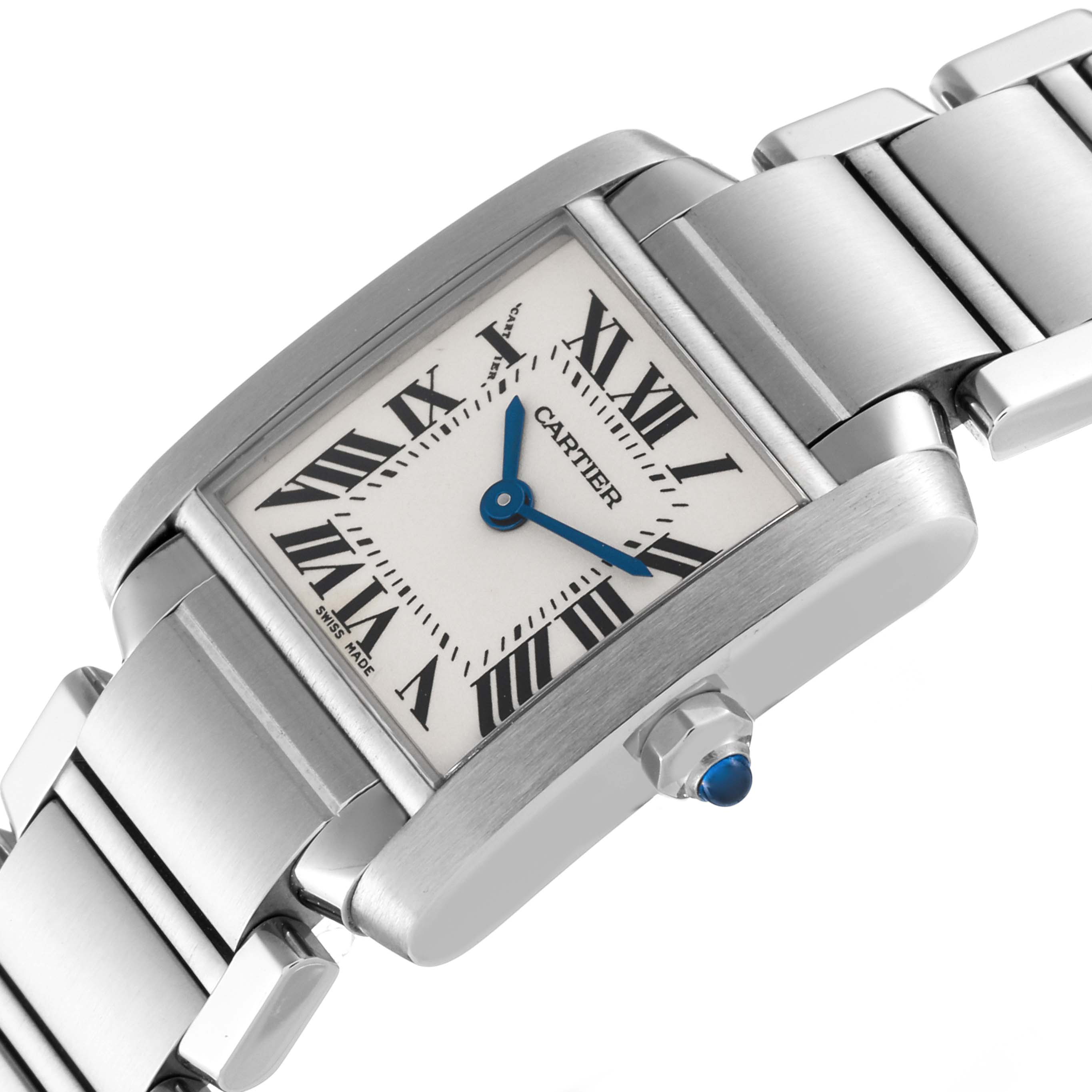 This image shows a close-up angle of the Cartier Tank Francaise W51008Q3 Women
s Stainless Steel Silver Dial W51008Q3 Women
s Stainless Steel Silver Dial watch, highlighting its face, bracelet, and crown.