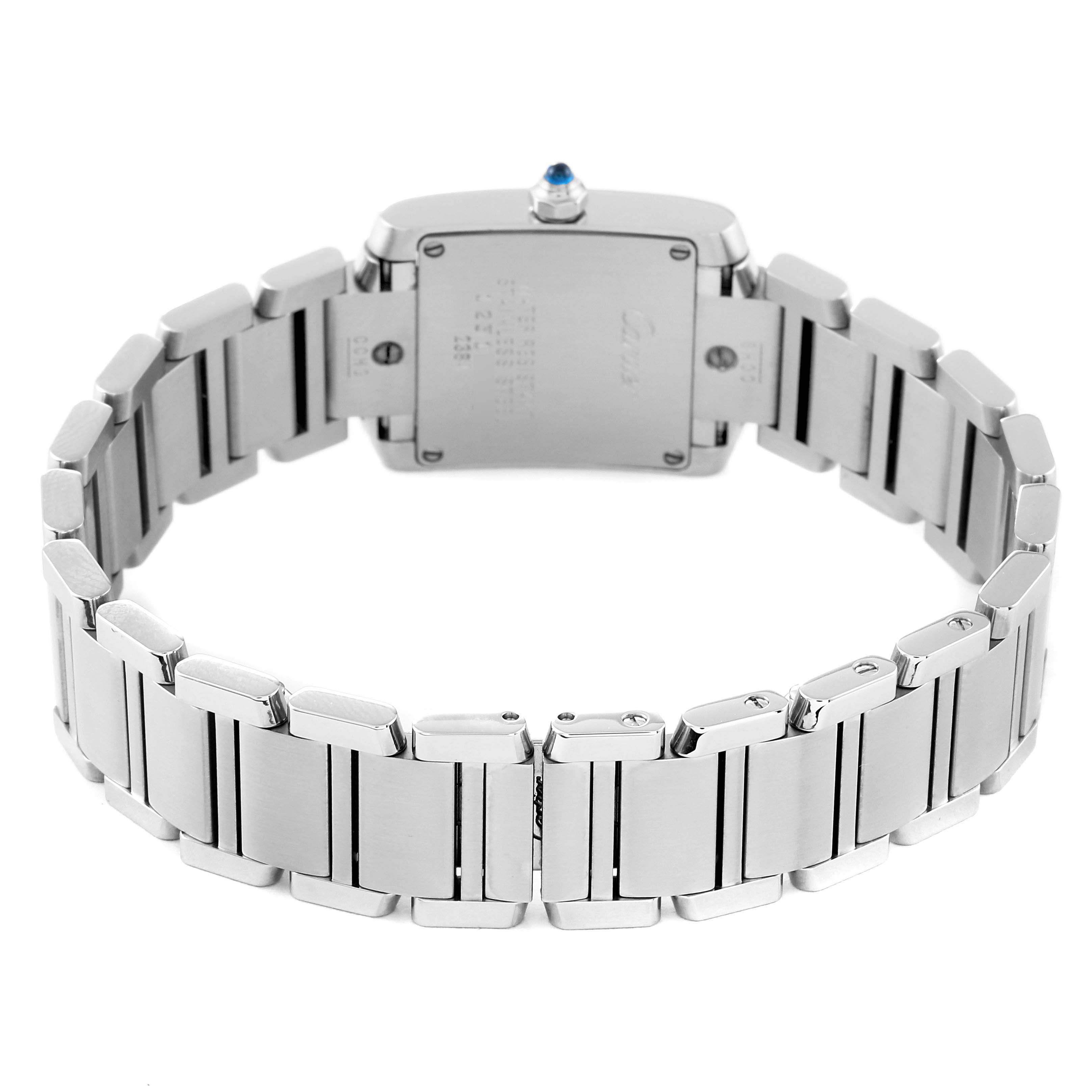 This image shows the back and bracelet of the Cartier Tank Francaise W51008Q3 Women
s Stainless Steel Silver Dial W51008Q3 Women
s Stainless Steel Silver Dial watch at a rear angle.