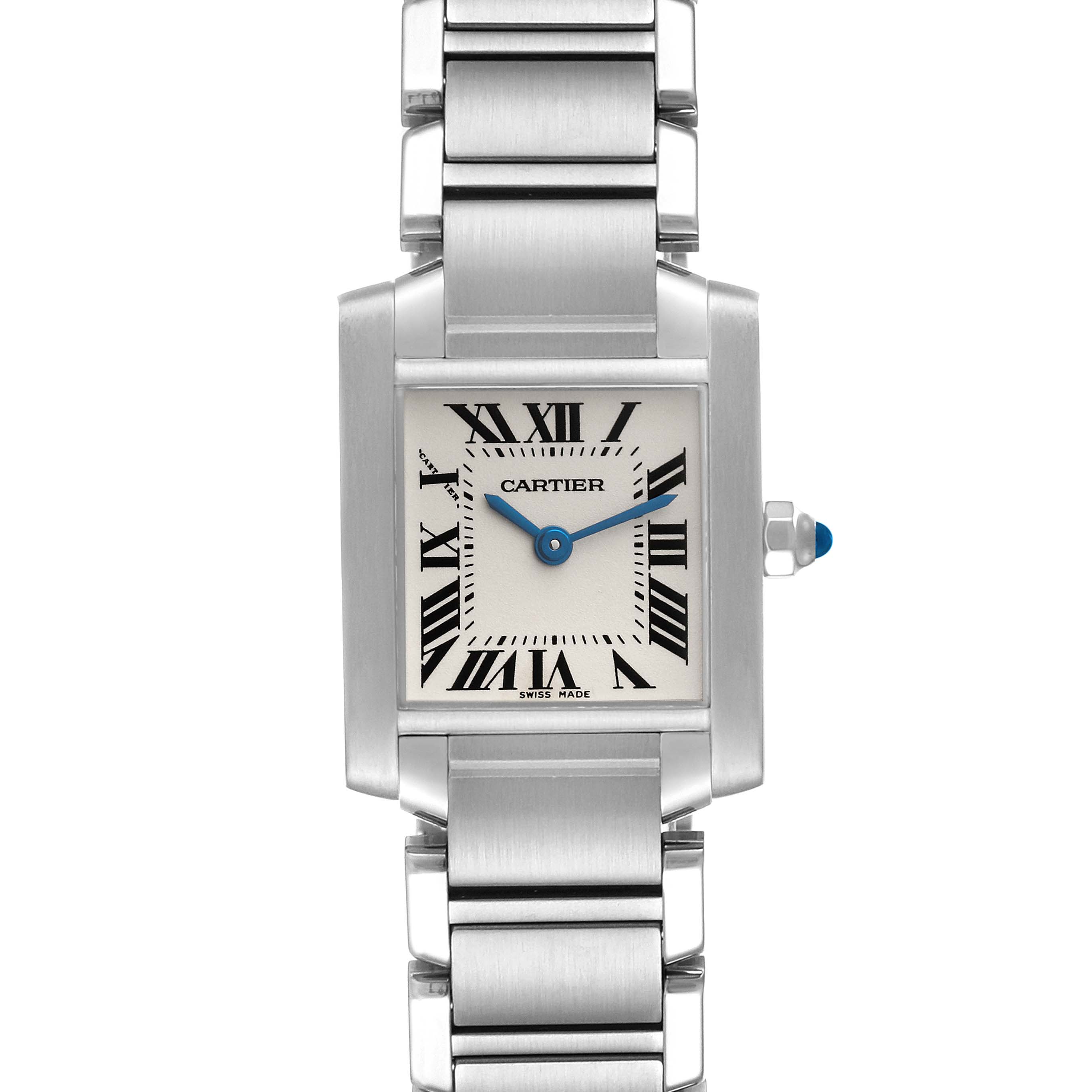 The image shows a front view of the Cartier Tank Francaise W51008Q3 Women
s Stainless Steel Silver Dial W51008Q3 Women
s Stainless Steel Silver Dial watch, highlighting its face and bracelet.