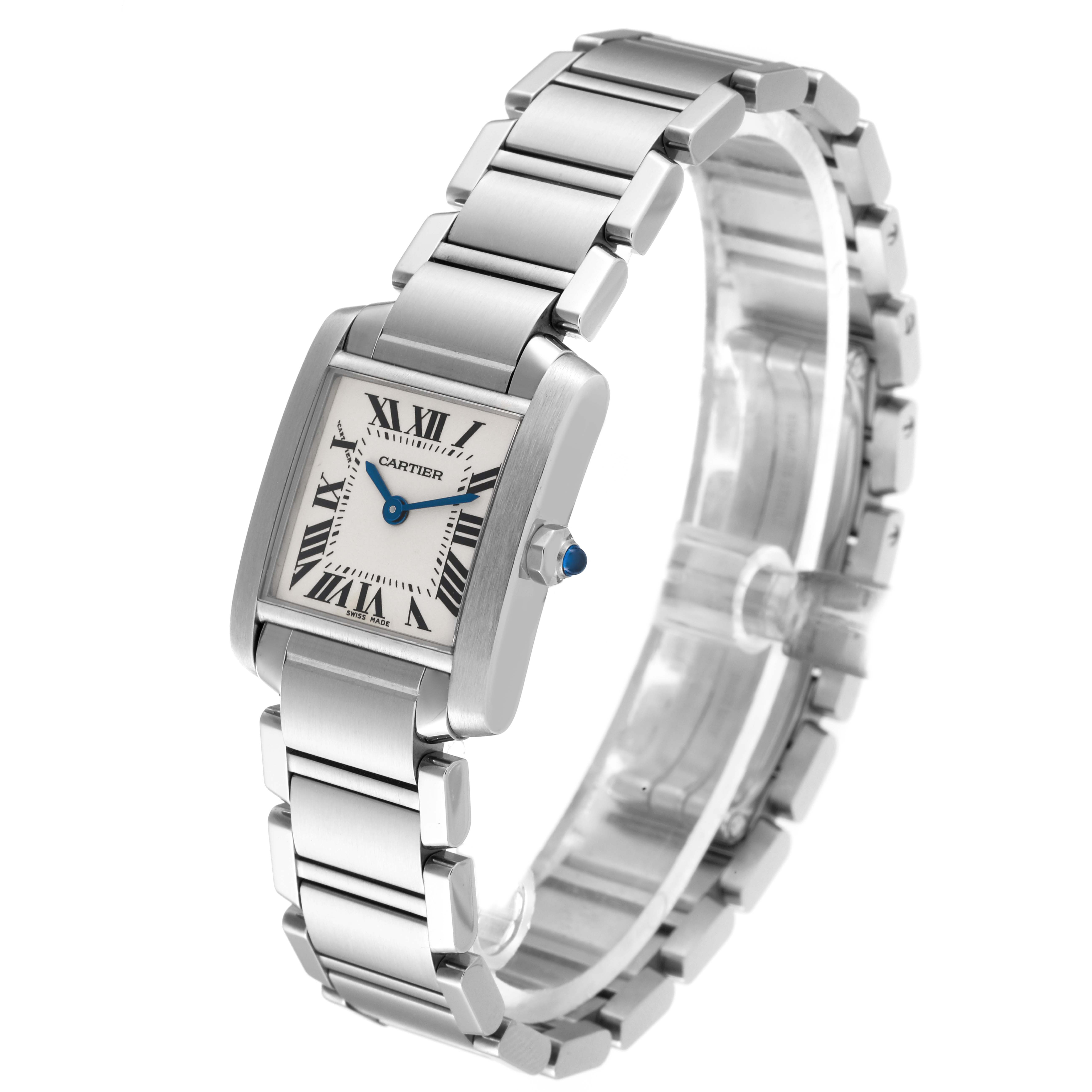 The image shows a Cartier Tank Francaise W51008Q3 Women
s Stainless Steel Silver Dial W51008Q3 Women
s Stainless Steel Silver Dial watch, emphasizing its face, bracelet, and crown from a three-quarter angle.