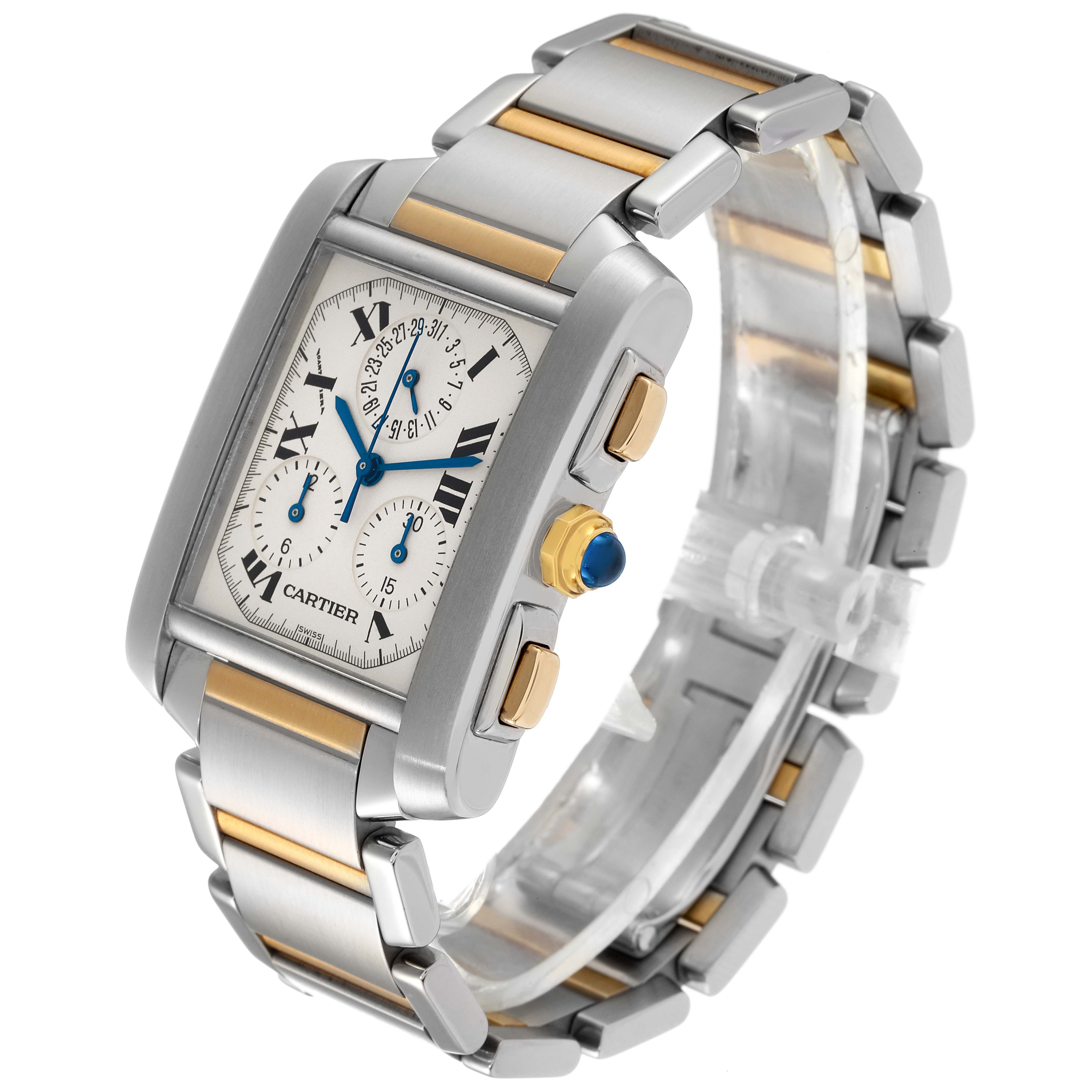 The Cartier Tank Francaise W51004Q4 Men's Steel and Gold (two tone) Silver Dial W51004Q4 Men's Steel and Gold (two tone) Silver Dial watch is shown at an angled view, highlighting the dual-tone bracelet and detailed dial.