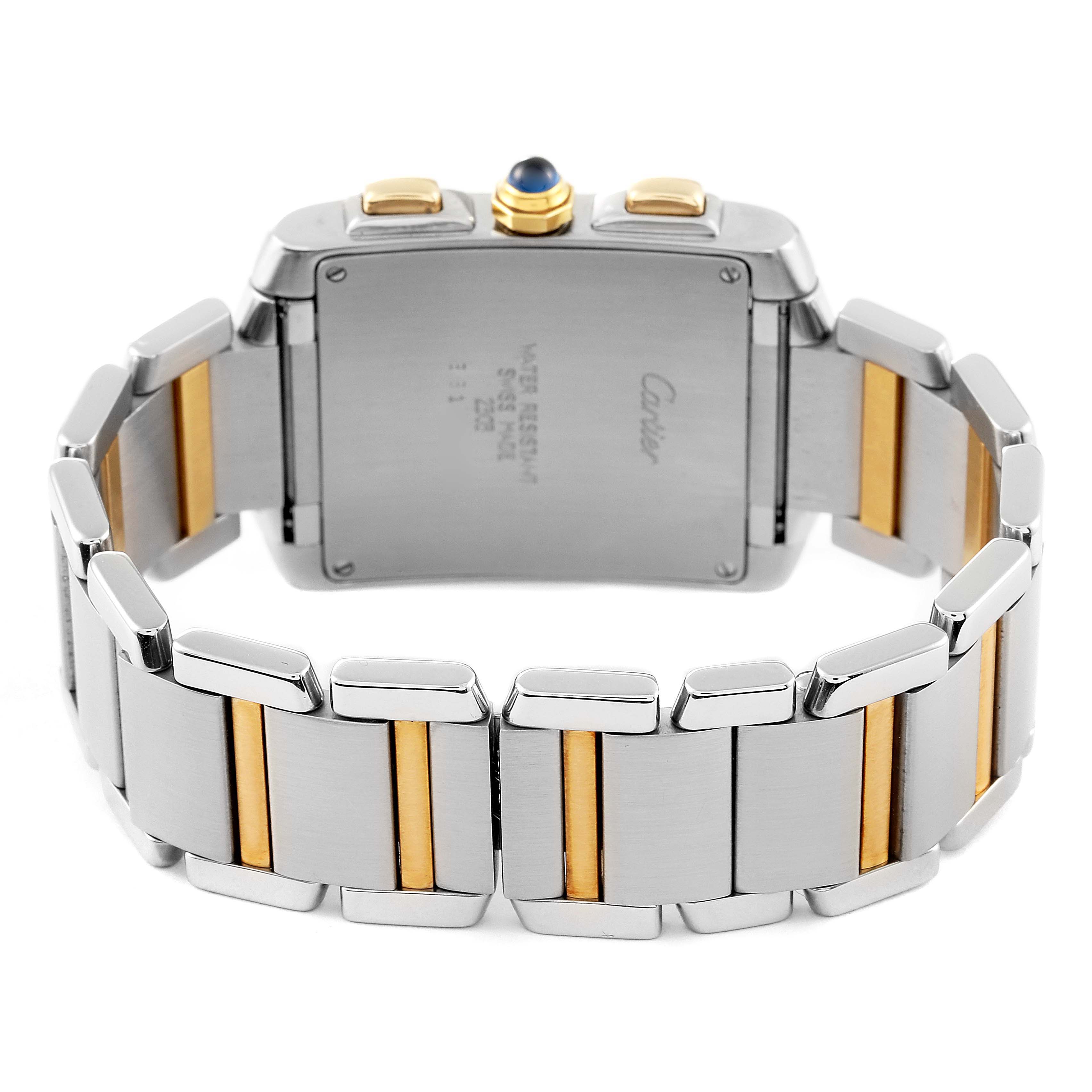 The image shows the back and bracelet of a Cartier Tank Francaise W51004Q4 Men's Steel and Gold (two tone) Silver Dial W51004Q4 Men's Steel and Gold (two tone) Silver Dial watch, highlighting its two-tone metal design and clasp.