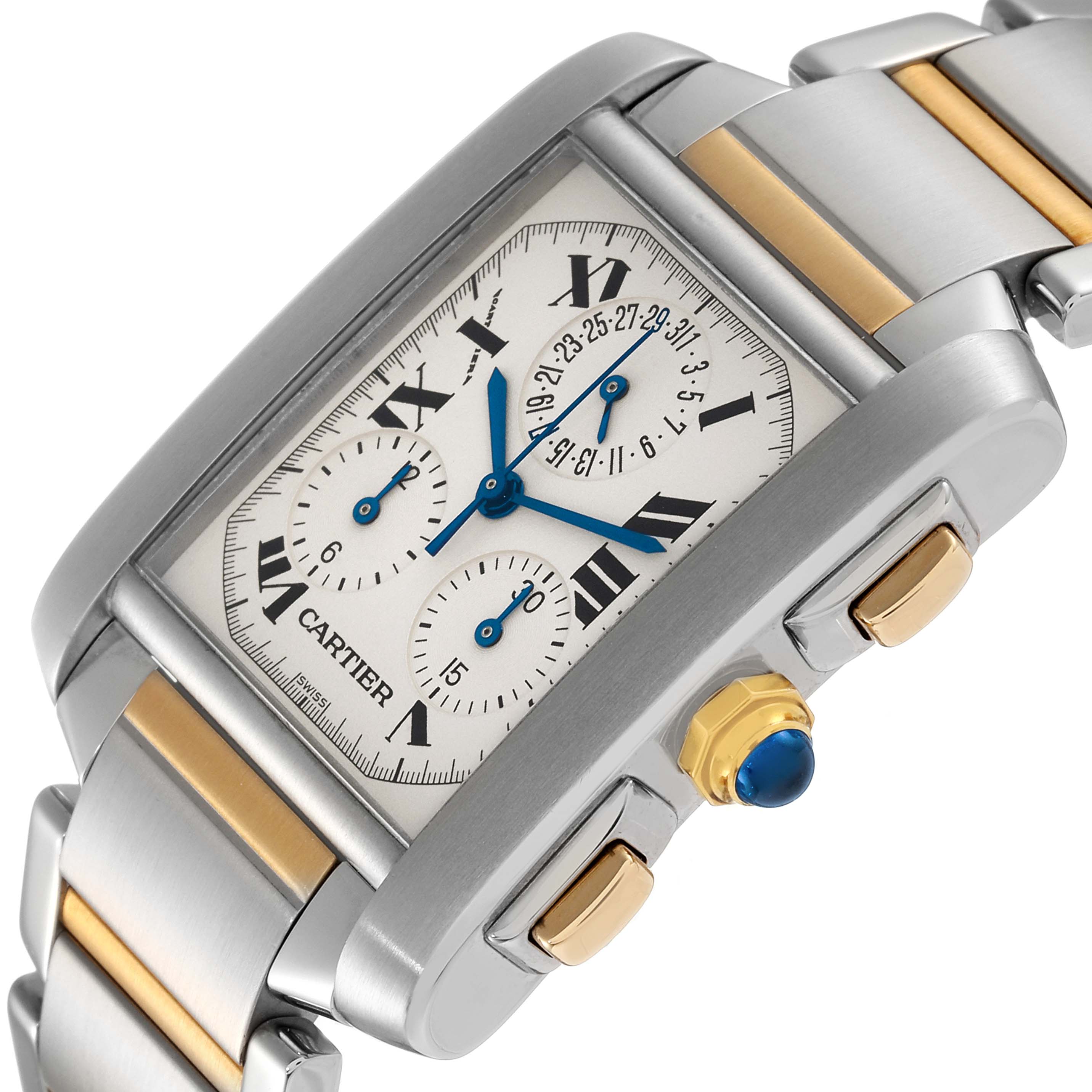This Cartier Tank Francaise W51004Q4 Men's Steel and Gold (two tone) Silver Dial W51004Q4 Men's Steel and Gold (two tone) Silver Dial watch is shown from a diagonal angle, displaying the dial, casing, and part of the bracelet.