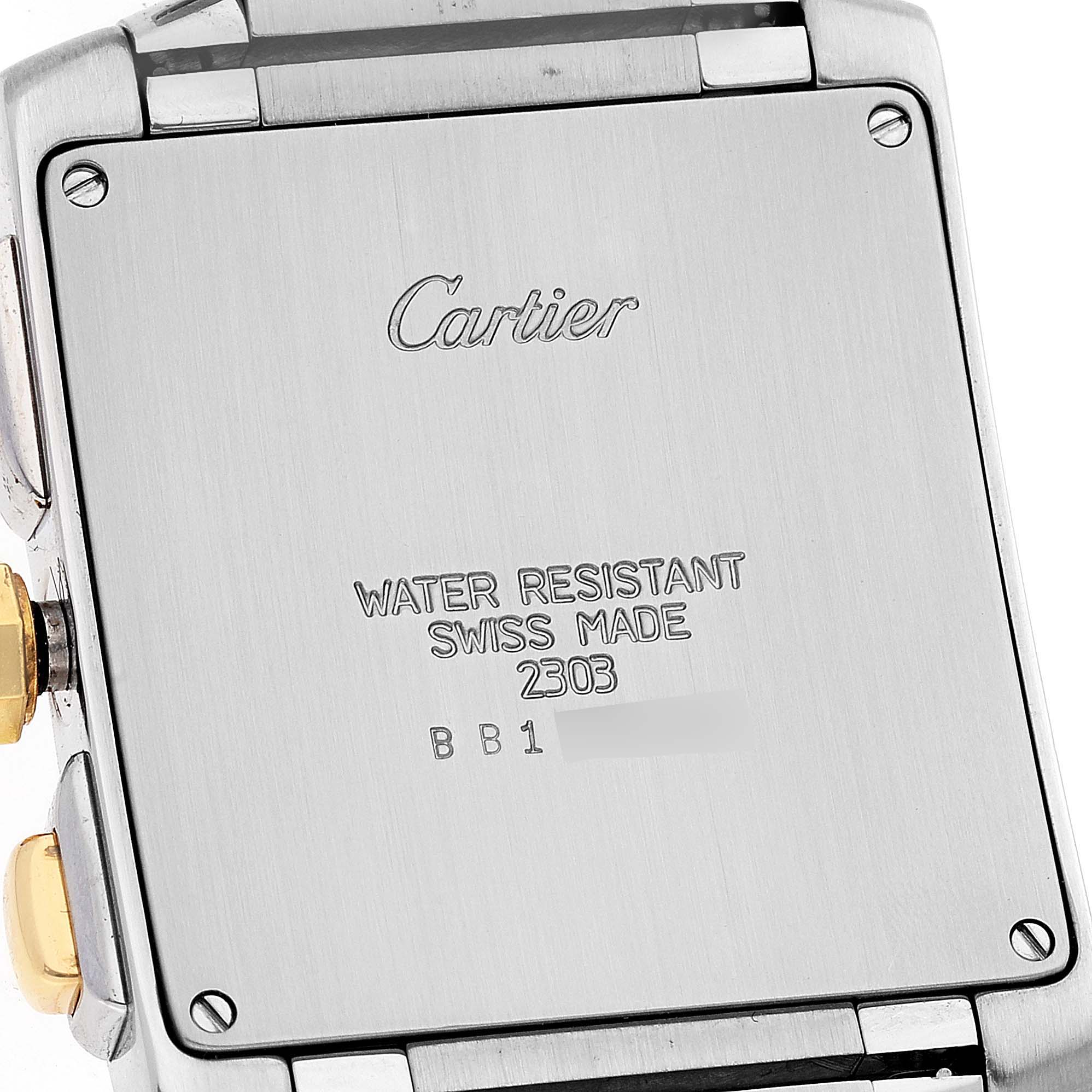 The image shows the back of a Cartier Tank Francaise W51004Q4 Men's Steel and Gold (two tone) Silver Dial W51004Q4 Men's Steel and Gold (two tone) Silver Dial watch, highlighting the brand logo and manufacturing details.