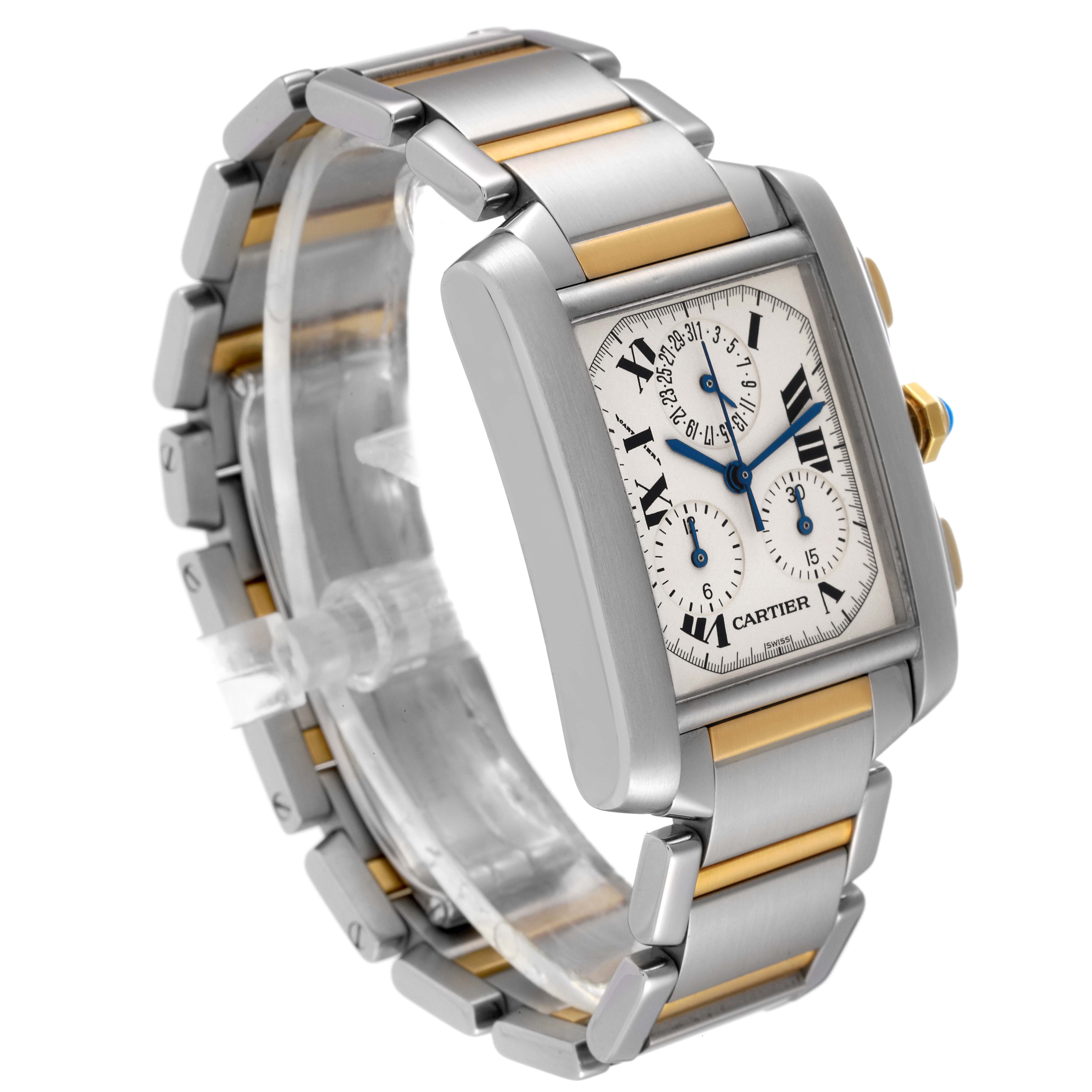 The image shows a side angle of a Cartier Tank Francaise W51004Q4 Men's Steel and Gold (two tone) Silver Dial W51004Q4 Men's Steel and Gold (two tone) Silver Dial watch, highlighting the bracelet, crown, and dial with Roman numerals.